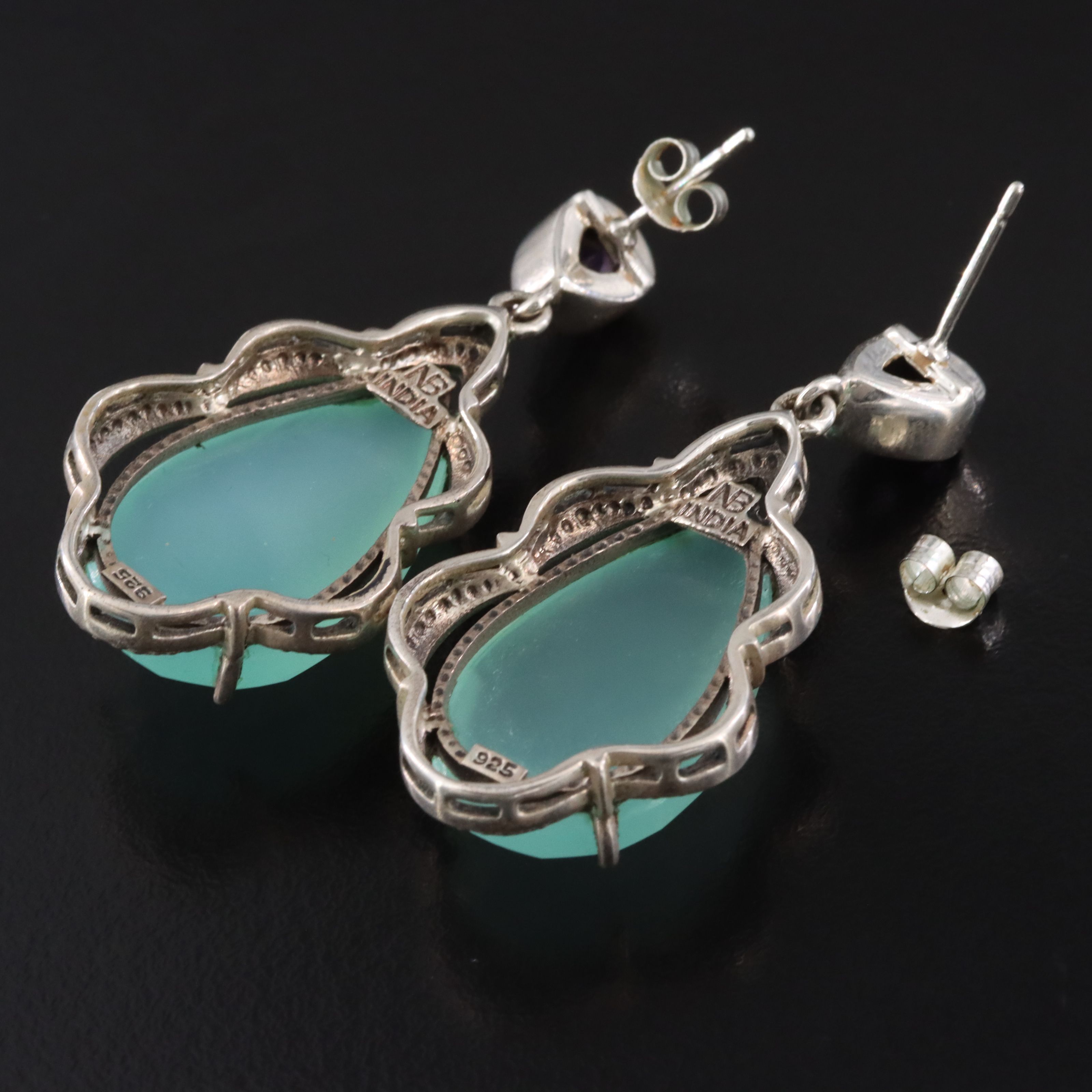 Sterling Chalcedony and Amethyst Scallop Drop Earrings