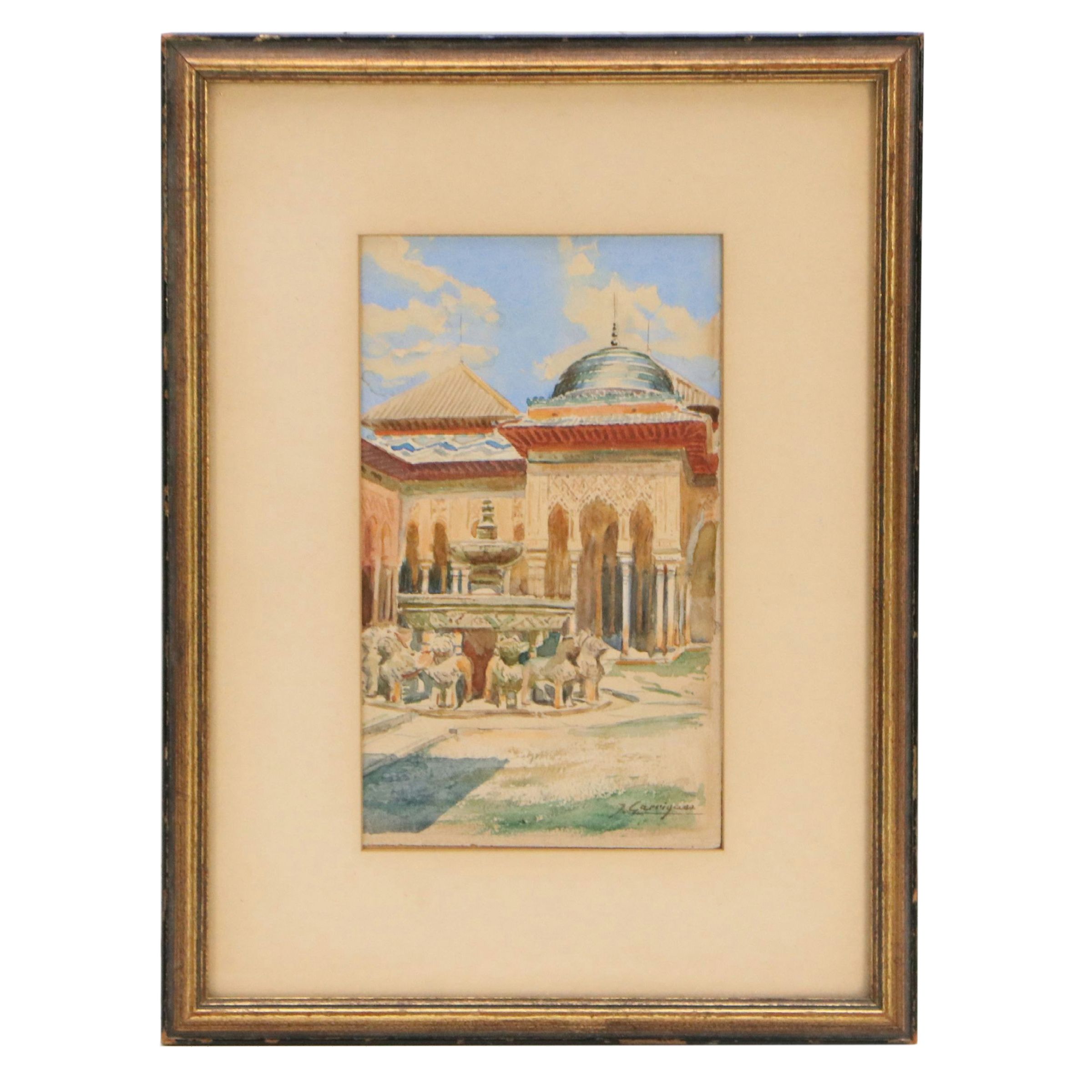 Jose Garrigues Motos Gouache Painting of Fountain at Alhambra Palace