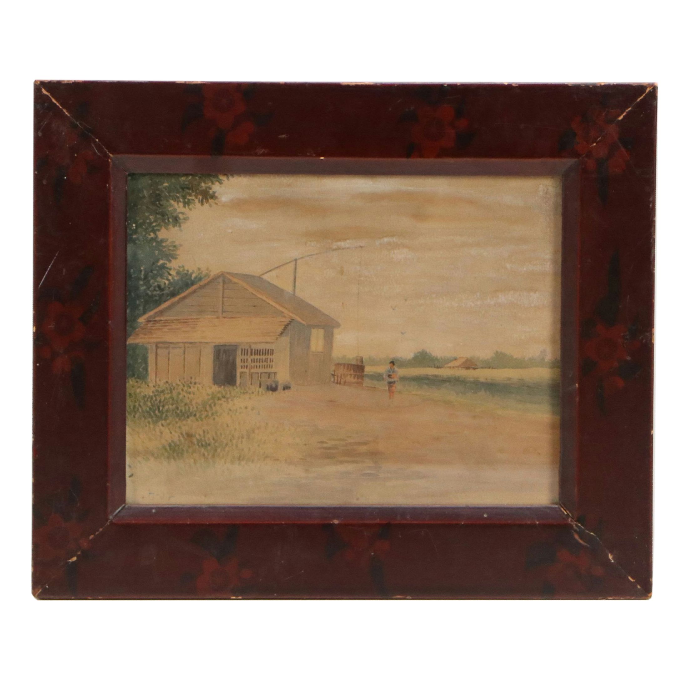 Japanese School Gouache Painting of Riverside Home, Late 19th to 20th Century