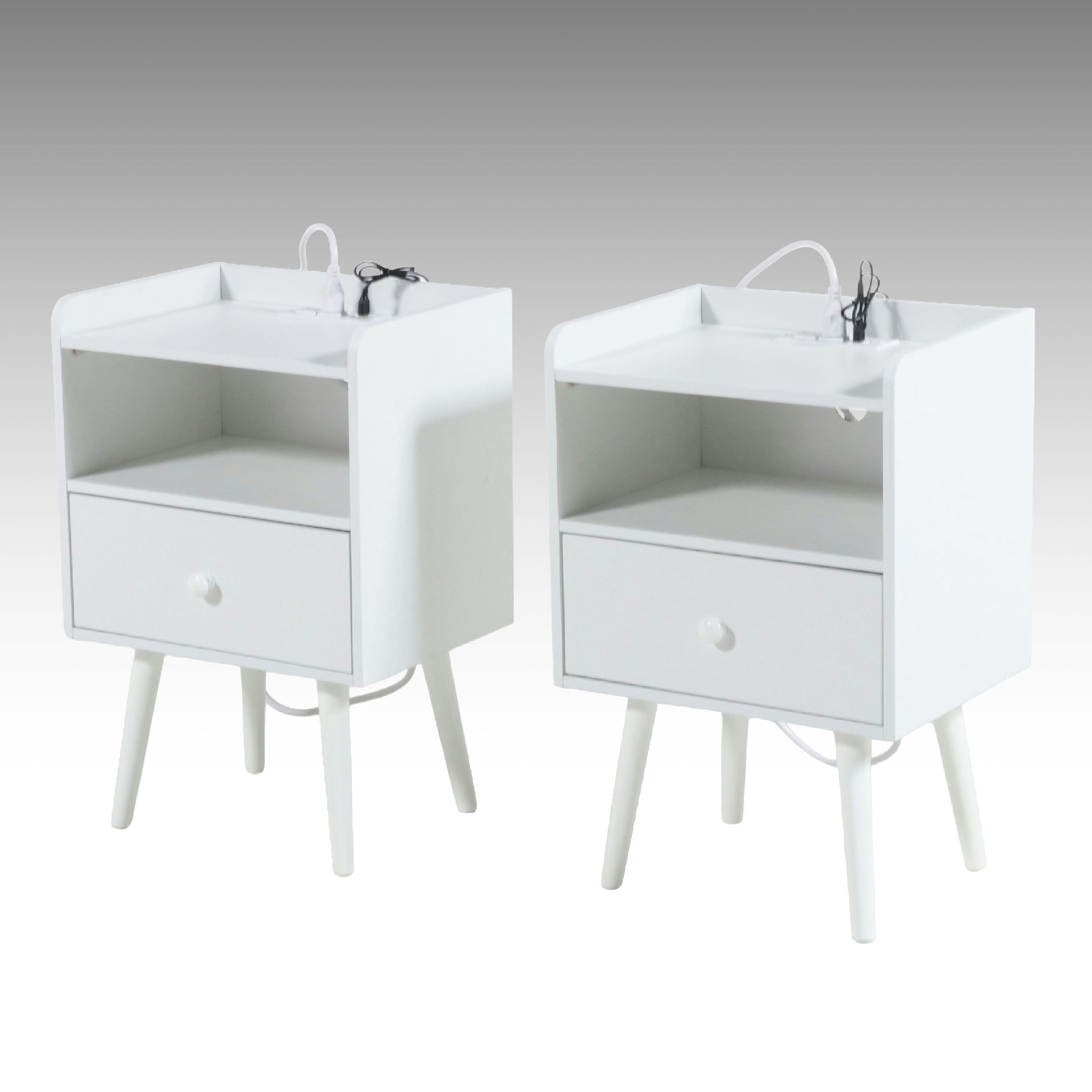 Pair of Mid Century Modern Style White Nightstands with Integrated Power, 21st C