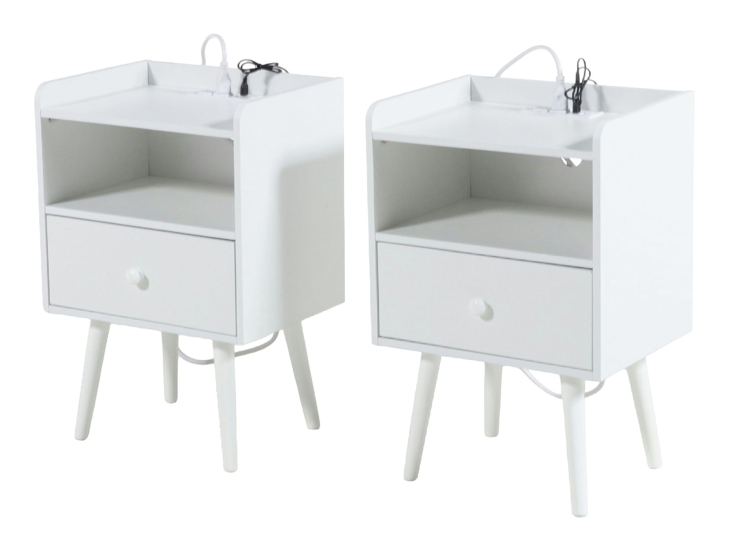 Pair of Mid Century Modern Style White Nightstands with Integrated Power, 21st C