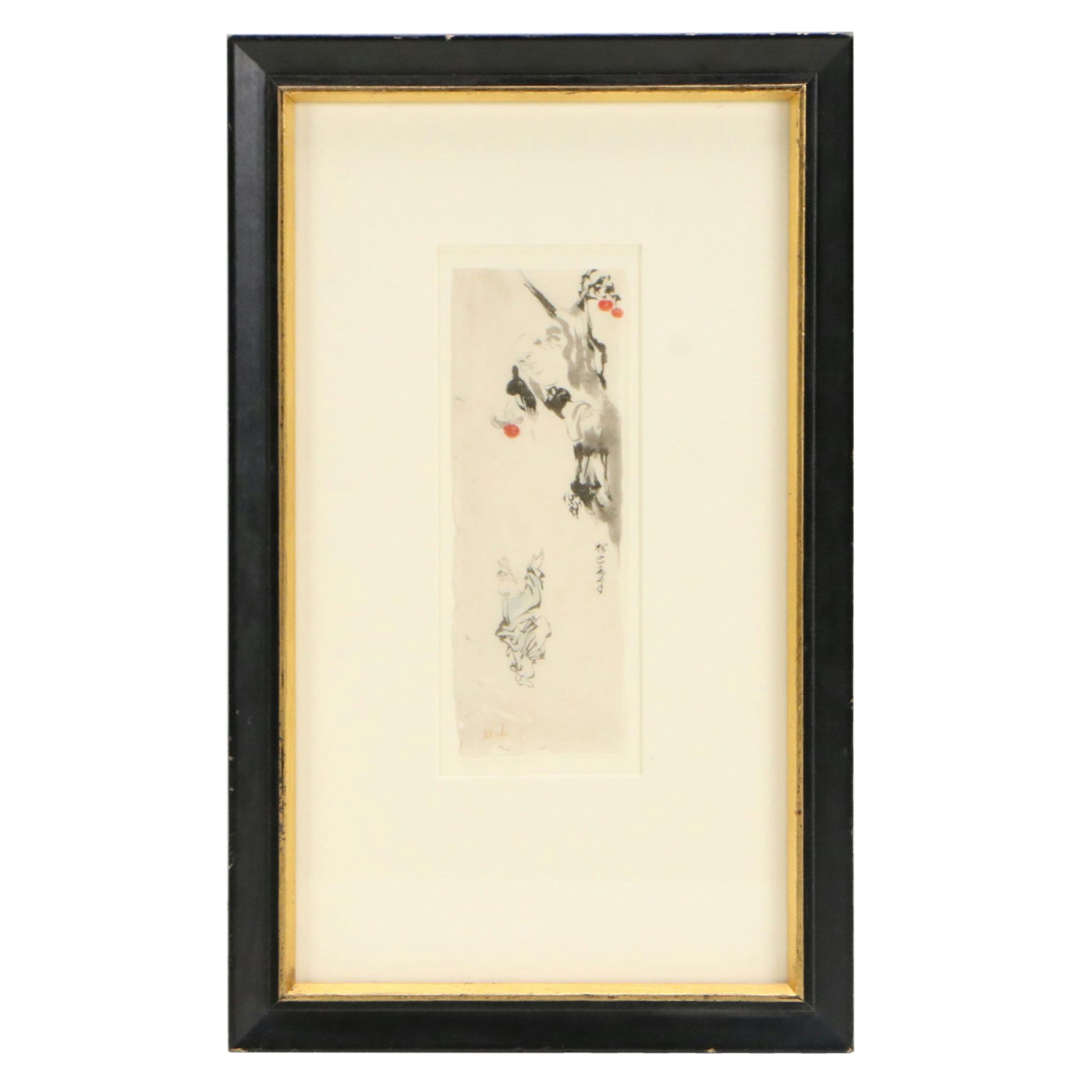 Japanese School Ink and Watercolor Painting "Hotei in a Tree," 19th Century