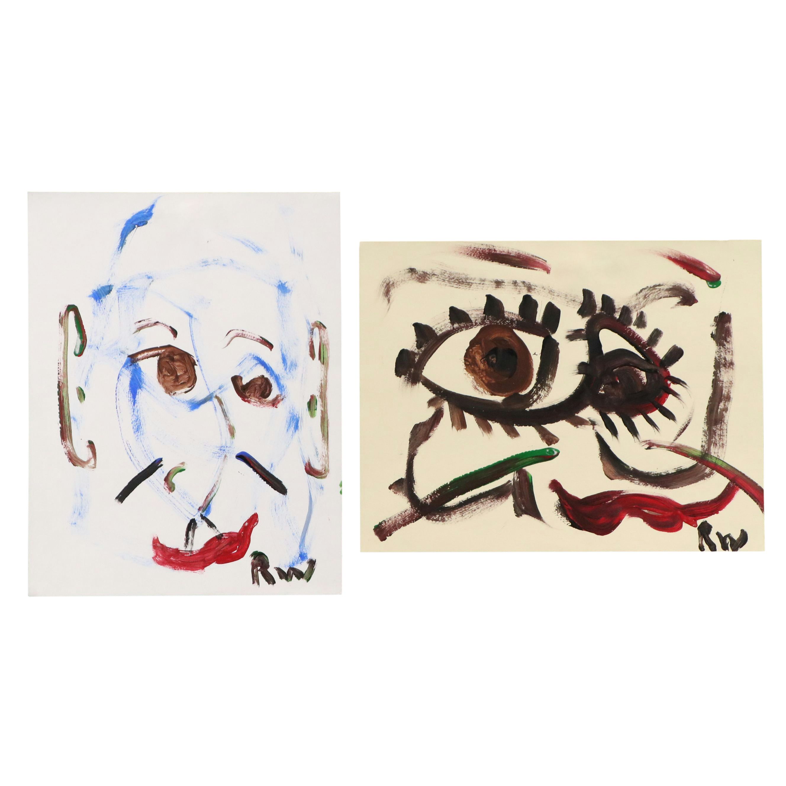 Robert Wright Acrylic Paintings of Naive Faces, Mid to Late 20th Century