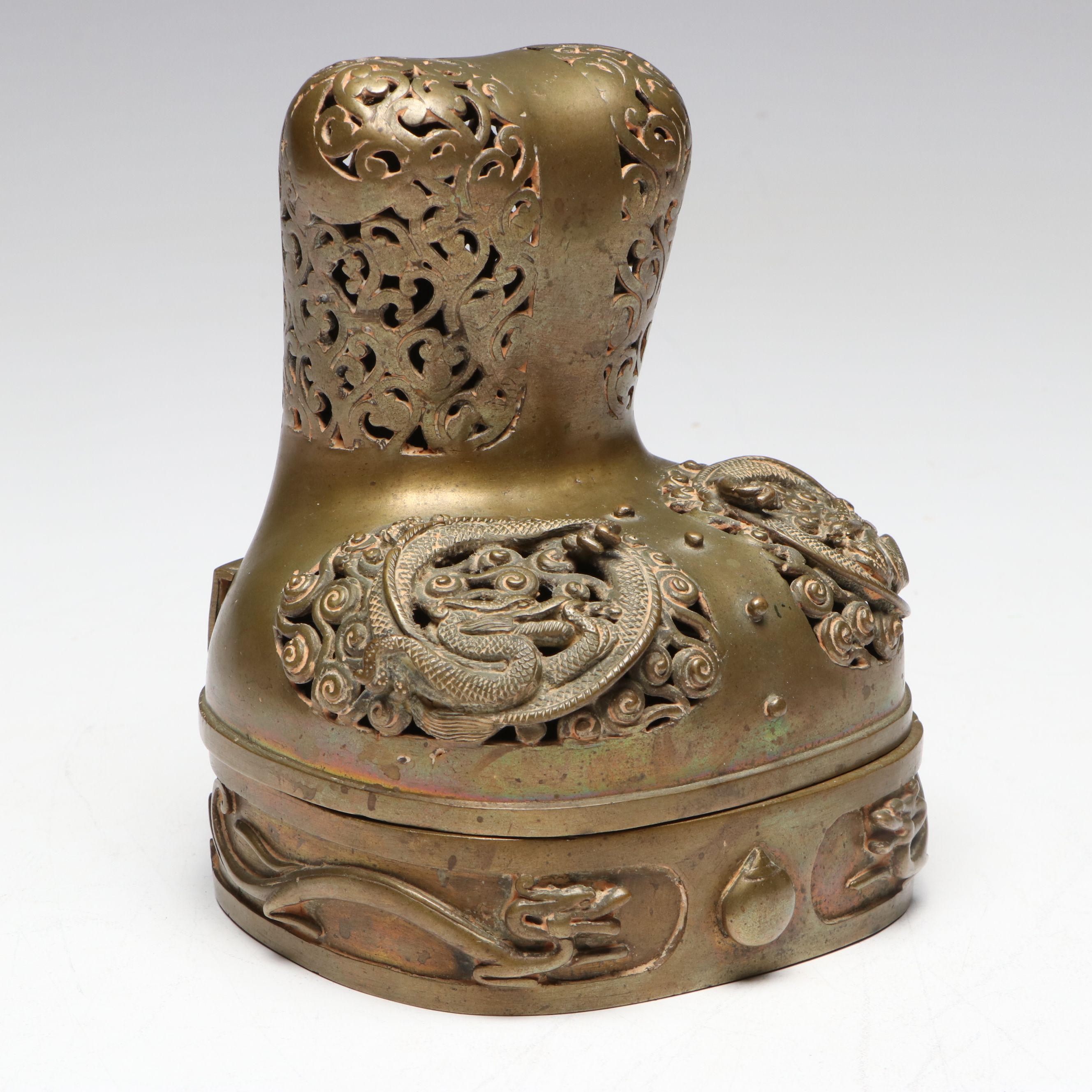 Chinese Patinated Cast Metal Openwork Censer with Dragons, 20th Century