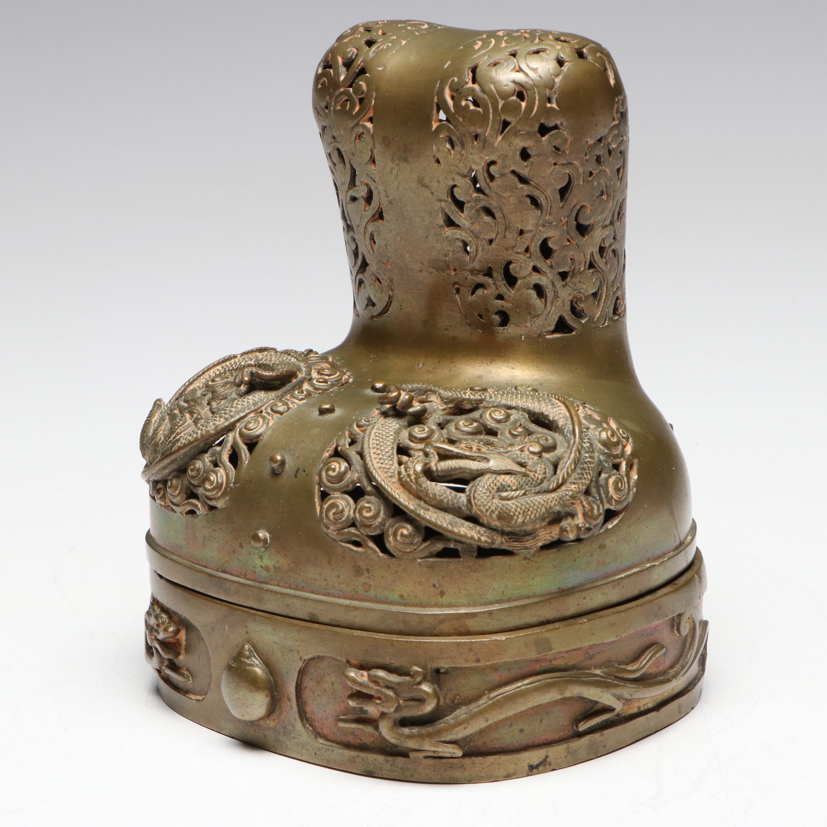 Chinese Patinated Cast Metal Openwork Censer with Dragons, 20th Century