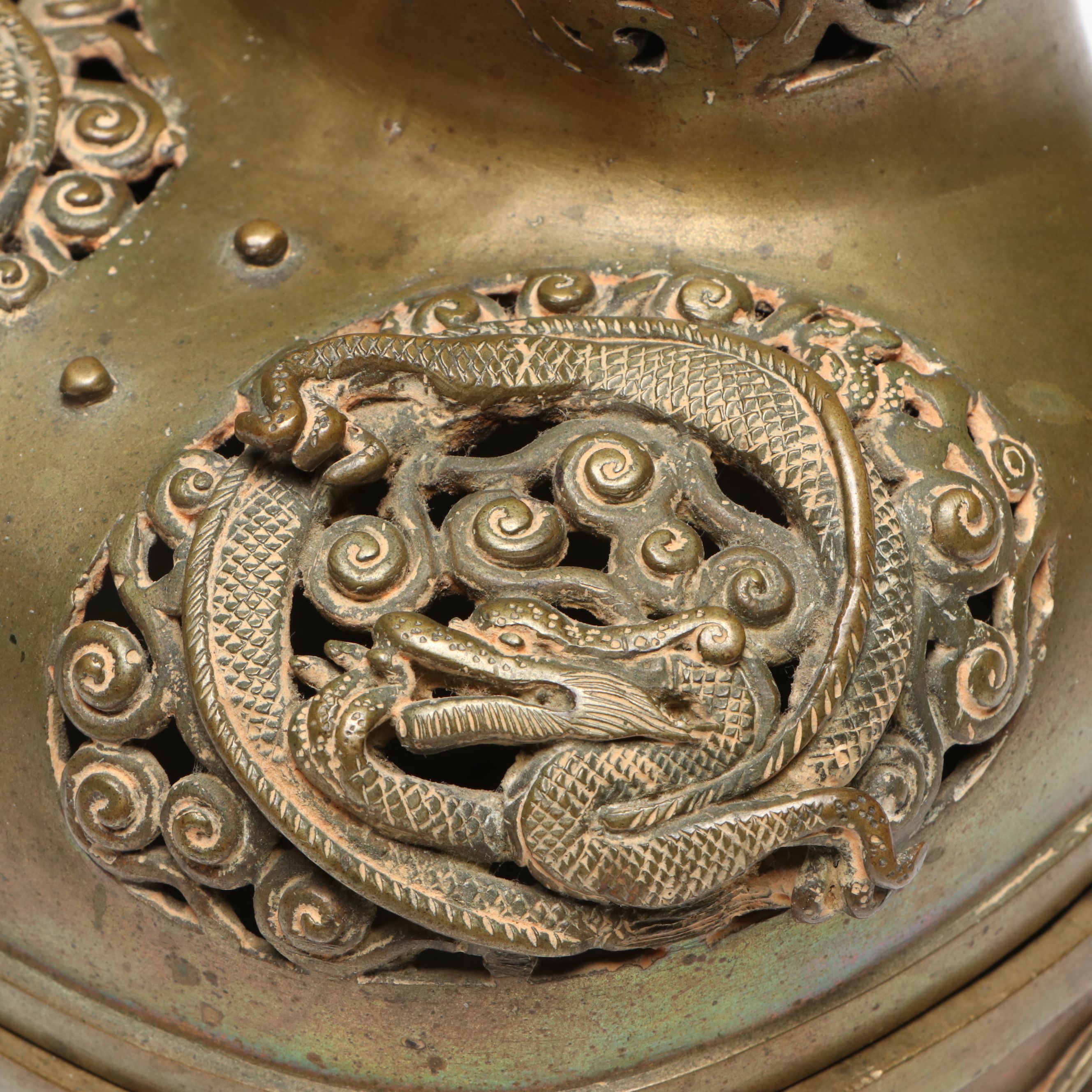 Chinese Patinated Cast Metal Openwork Censer with Dragons, 20th Century