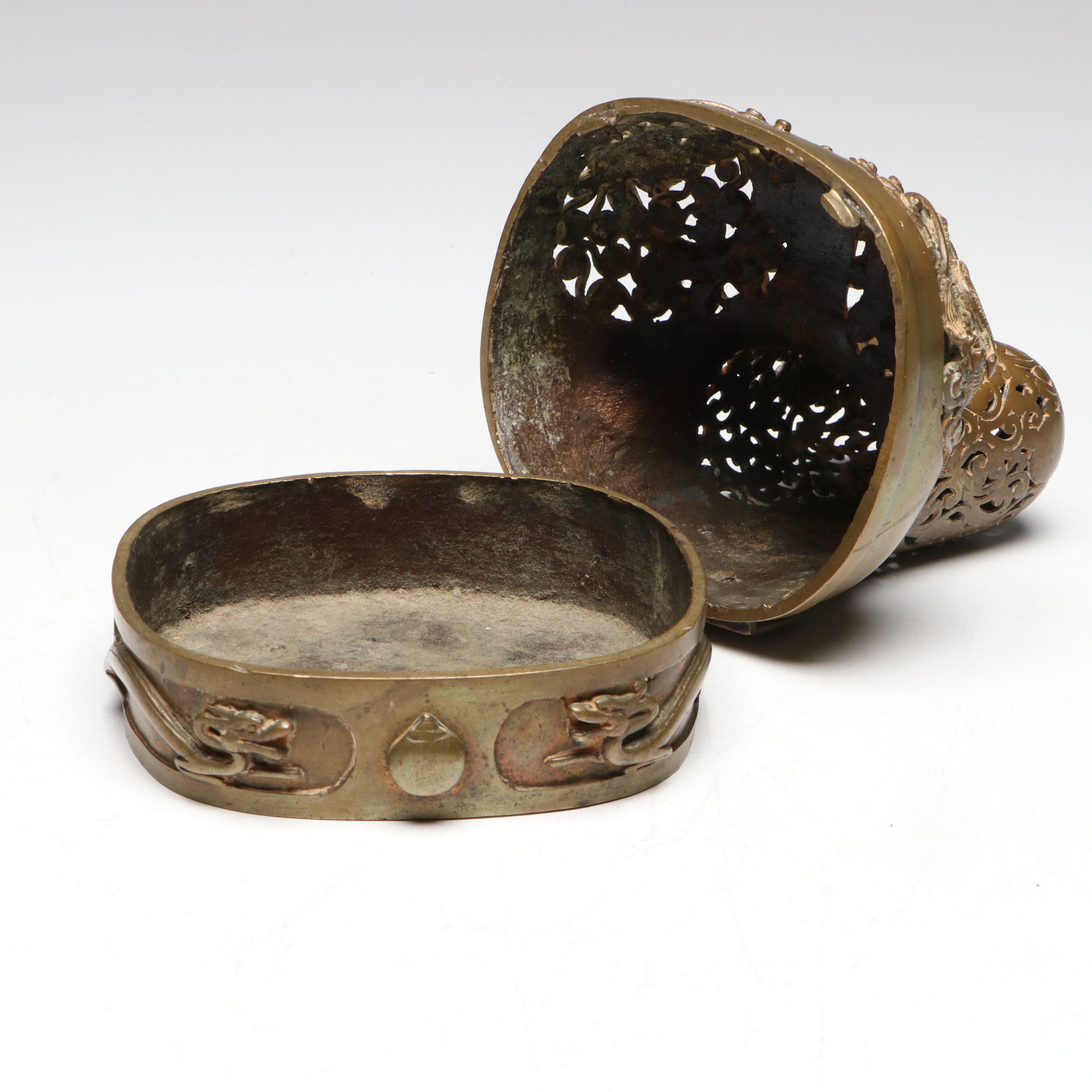 Chinese Patinated Cast Metal Openwork Censer with Dragons, 20th Century