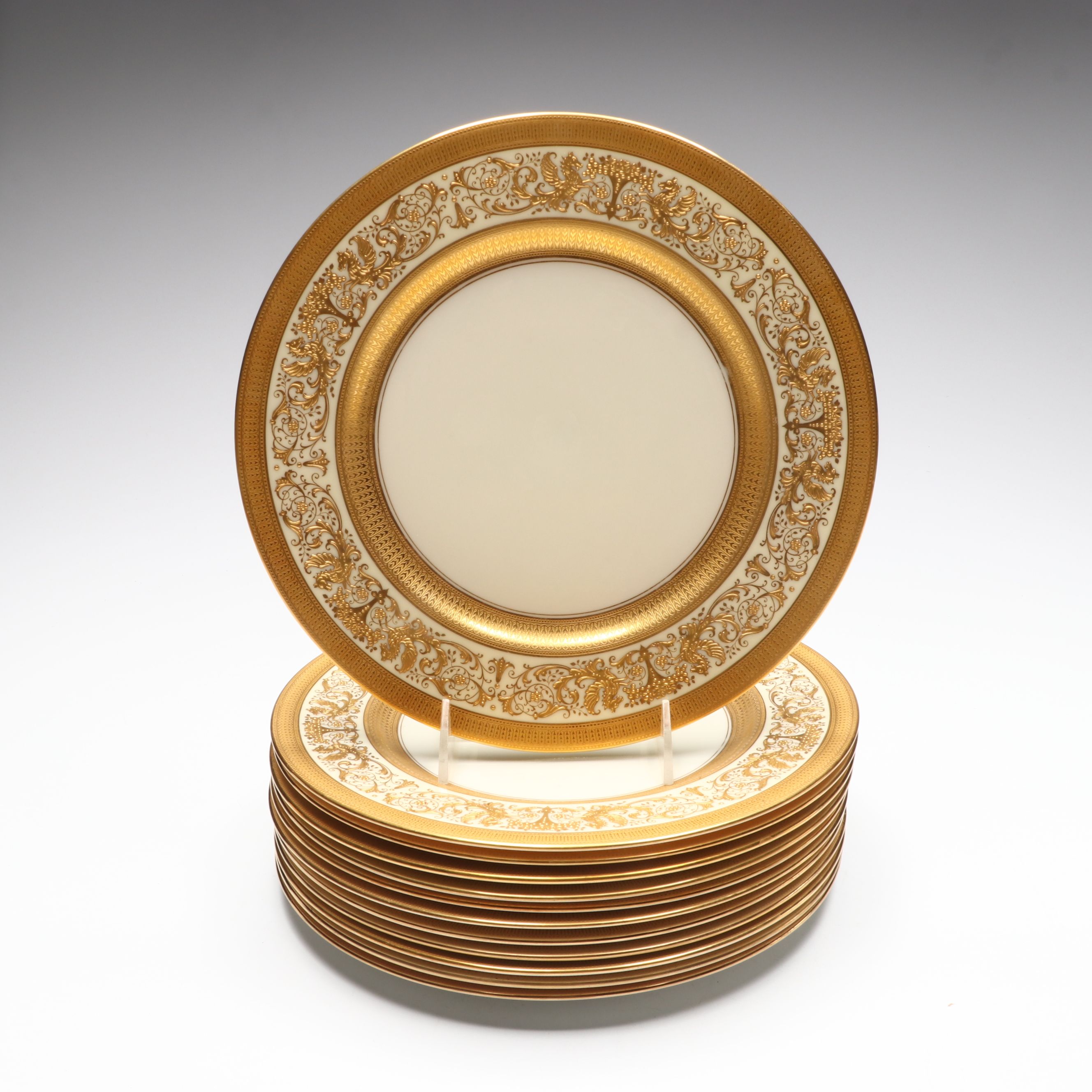 Lenox Gilt Decorated Porcelain Dinner Plates and Dessert Bowls