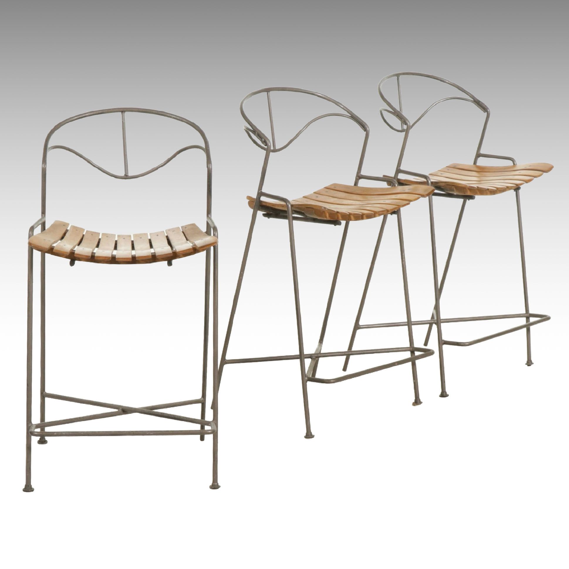 Three Contemporary Wrought Iron Counter Height Stools with Slat Seats
