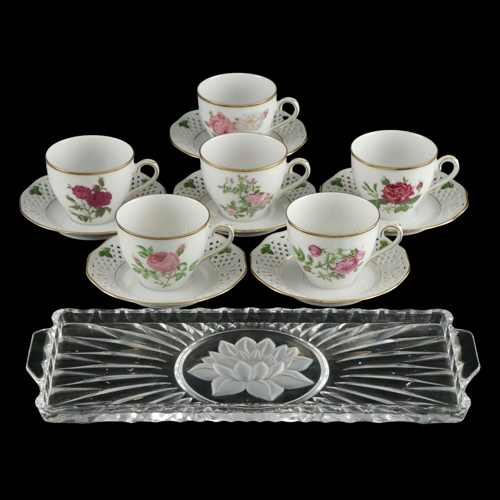 Aston Westwood "Royal Rose Garden" Teacups and Saucers with Crystal Tray