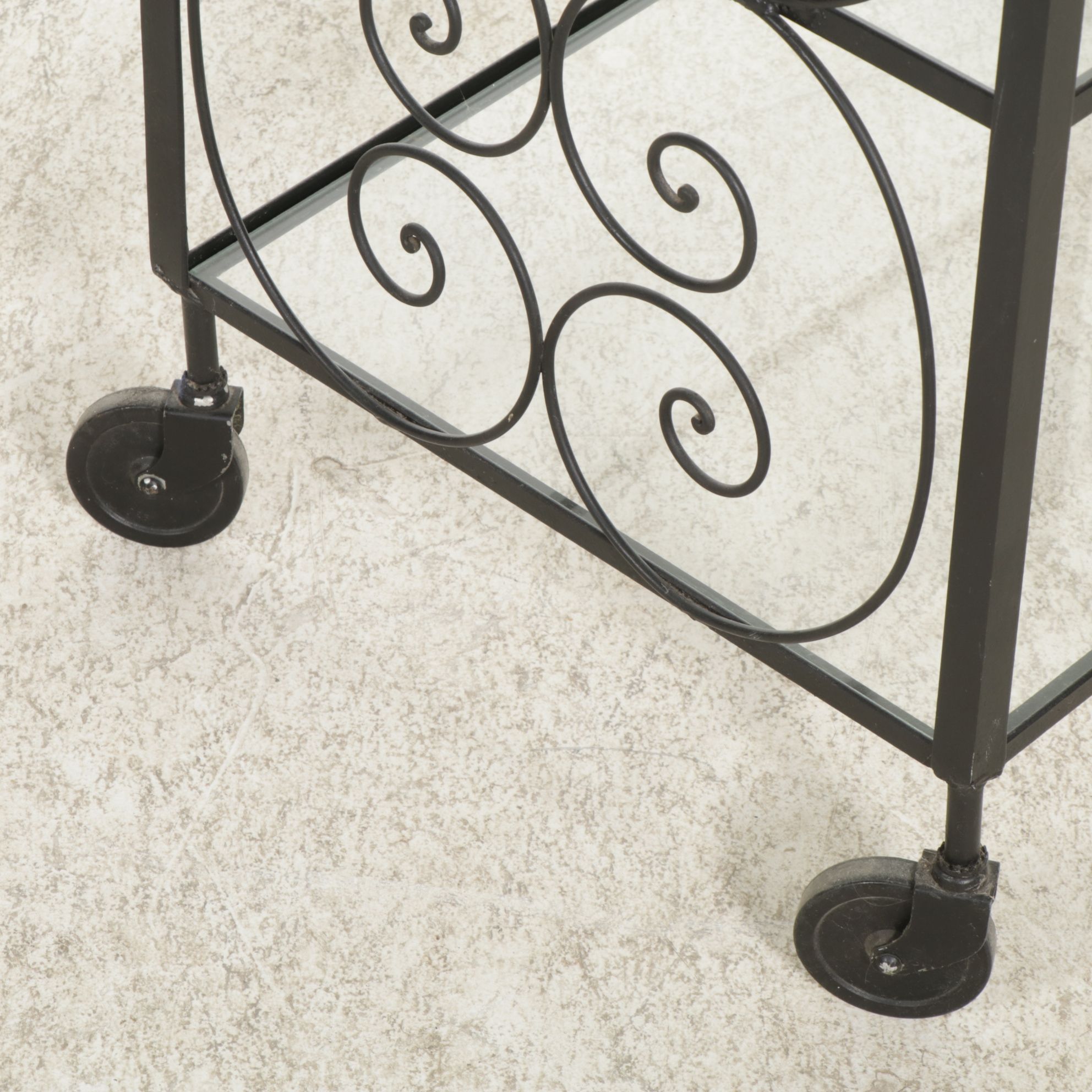 Scrolled Wrought Iron and Glass Three-Tier Bar Cart