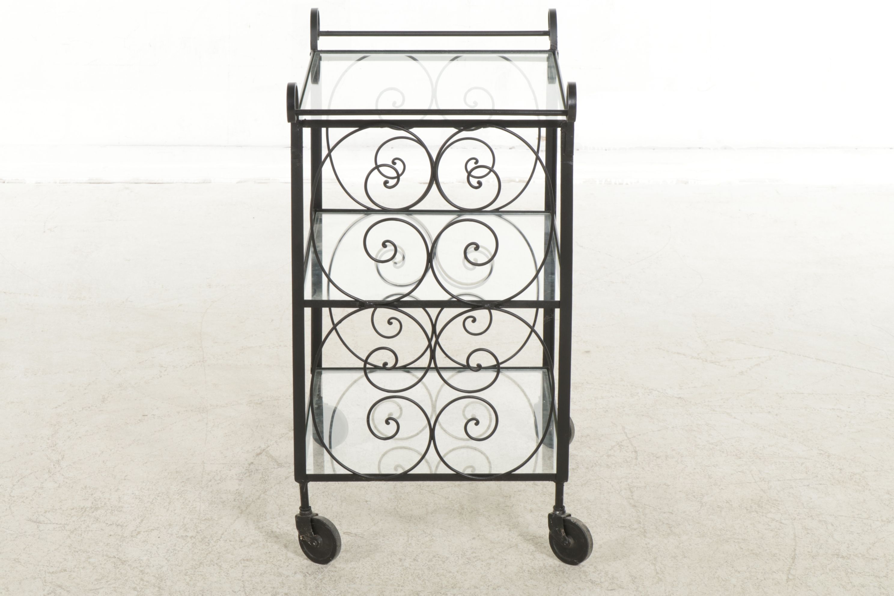 Scrolled Wrought Iron and Glass Three-Tier Bar Cart