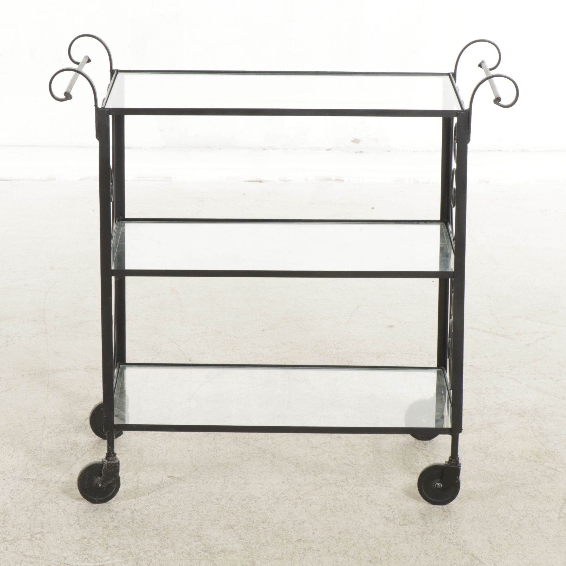 Scrolled Wrought Iron and Glass Three-Tier Bar Cart