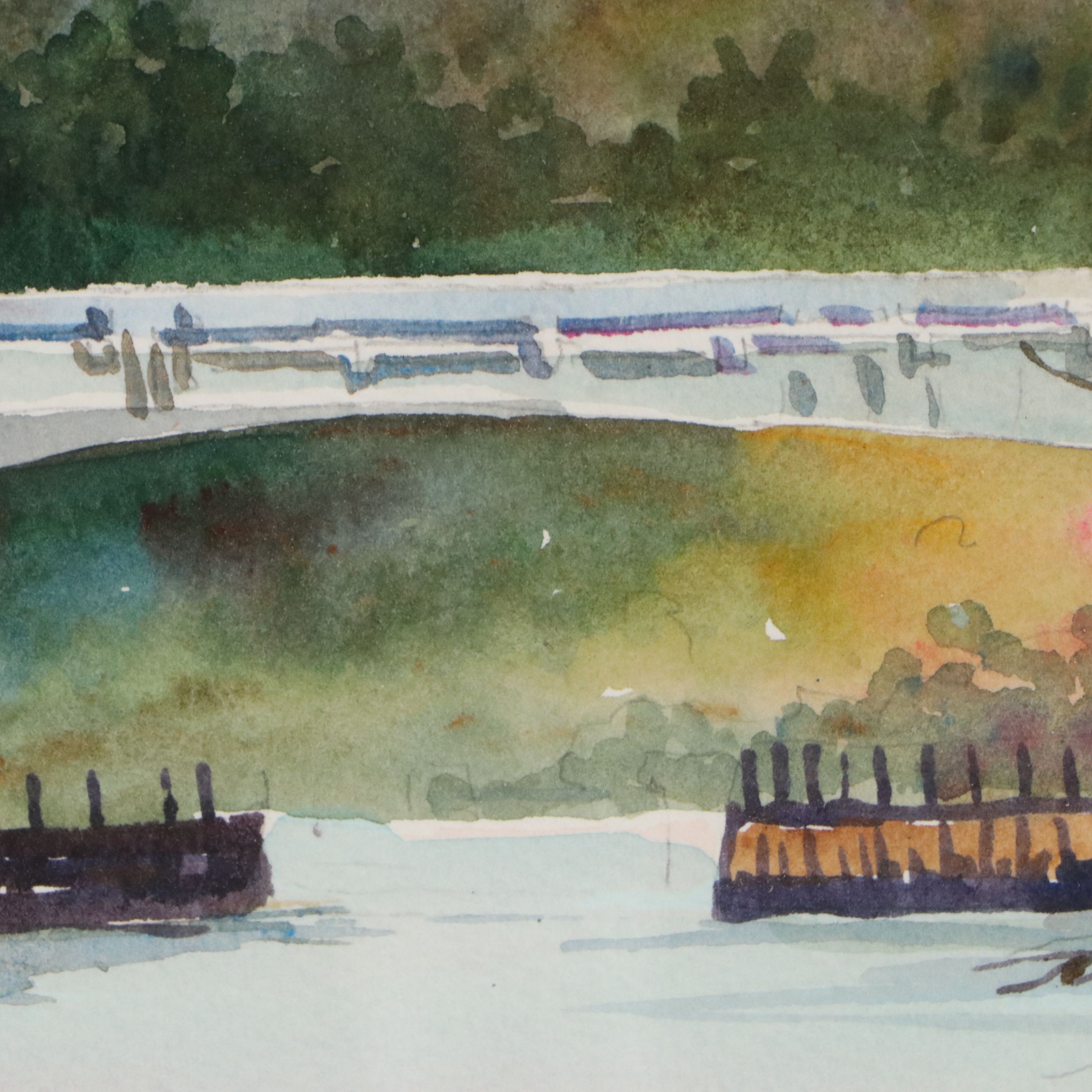 Schuler Watercolor Painting of River Landscape, Late 20th to 21st Century