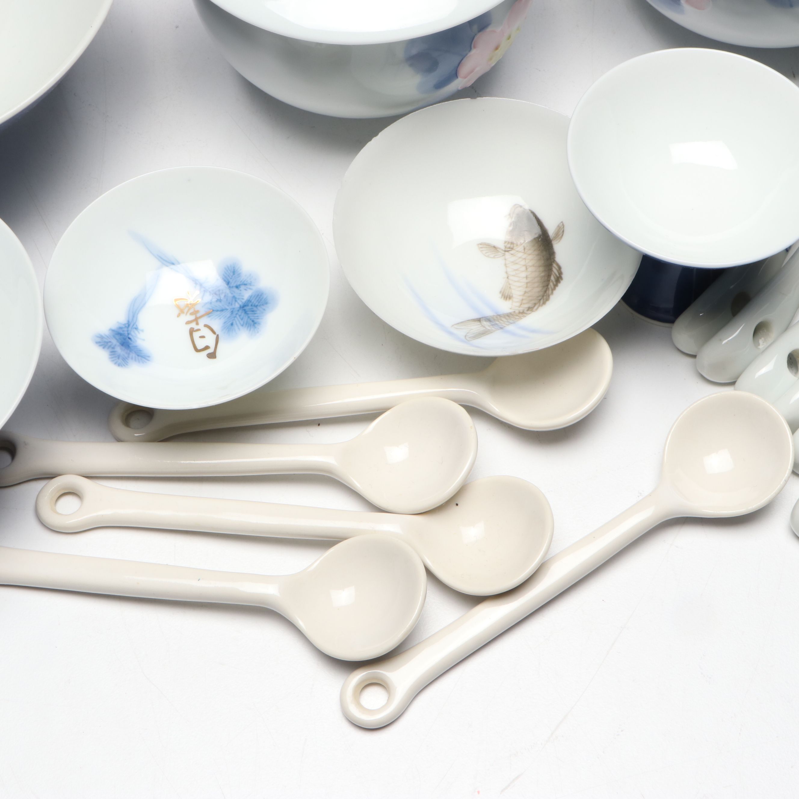 Japanese Arita Ware and Other Porcelain Teapot, Rice Bowls, Spoons and Cups