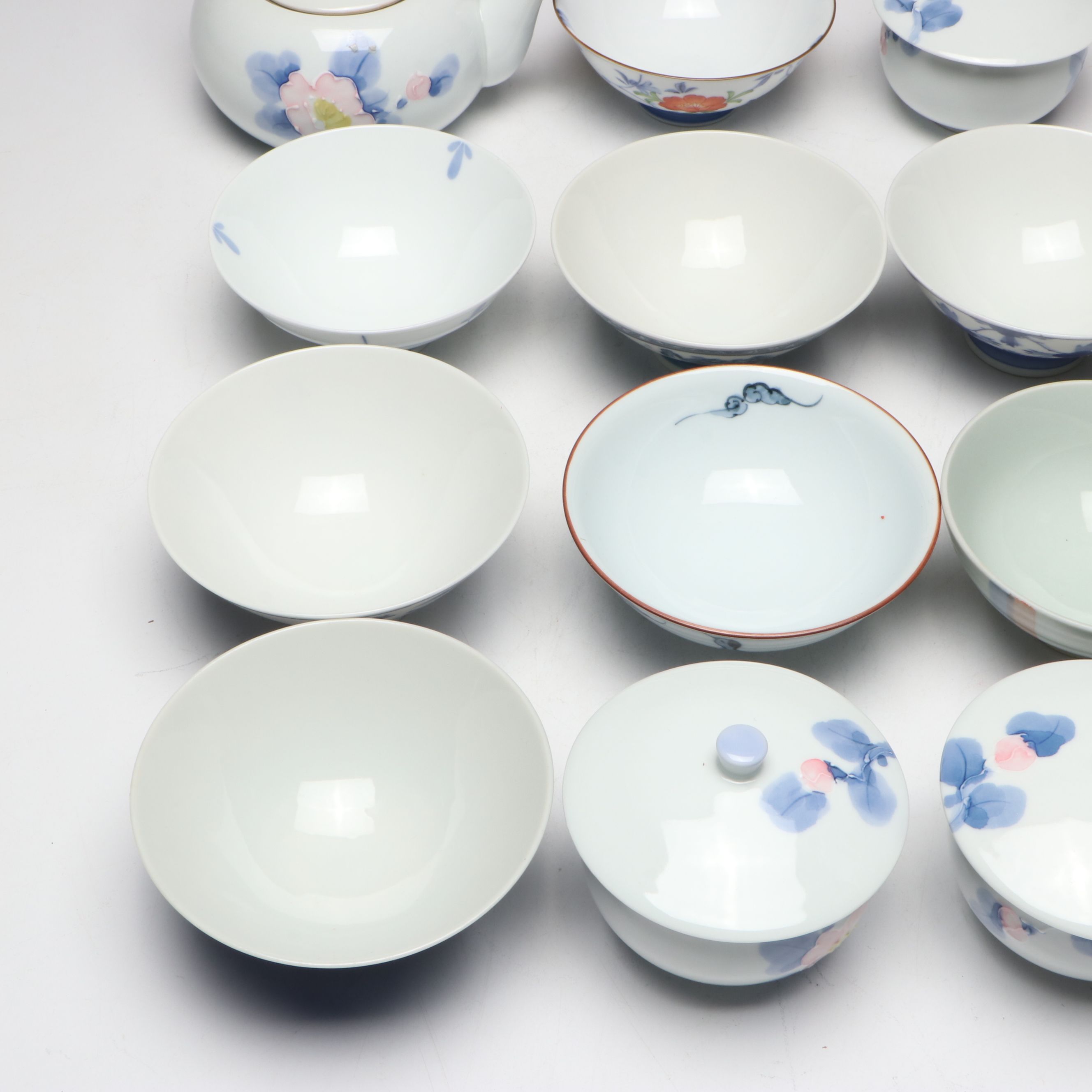 Japanese Arita Ware and Other Porcelain Teapot, Rice Bowls, Spoons and Cups