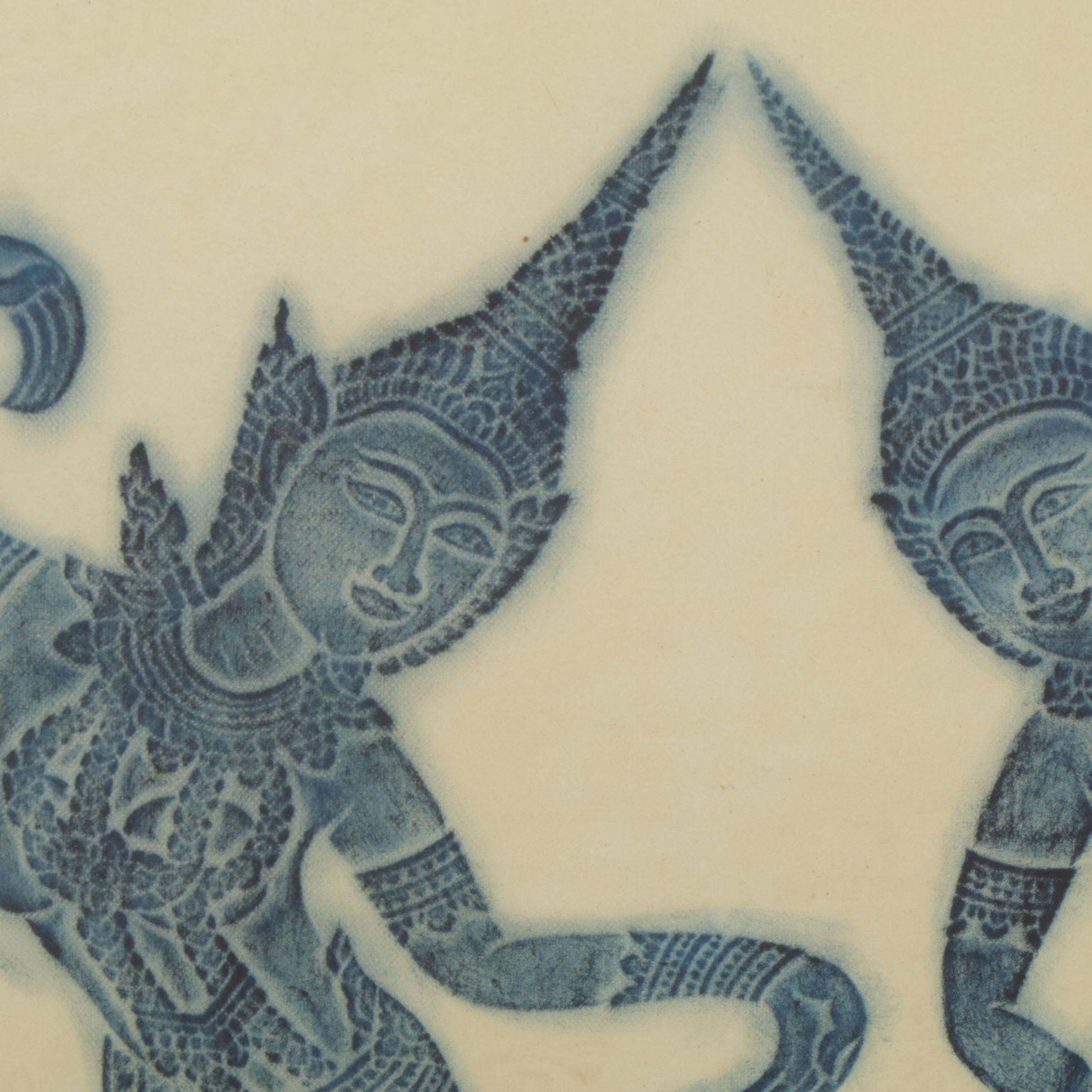 Thai Temple Indigo Charcoal Rubbing of Dancing Deity Figures on Rice Paper