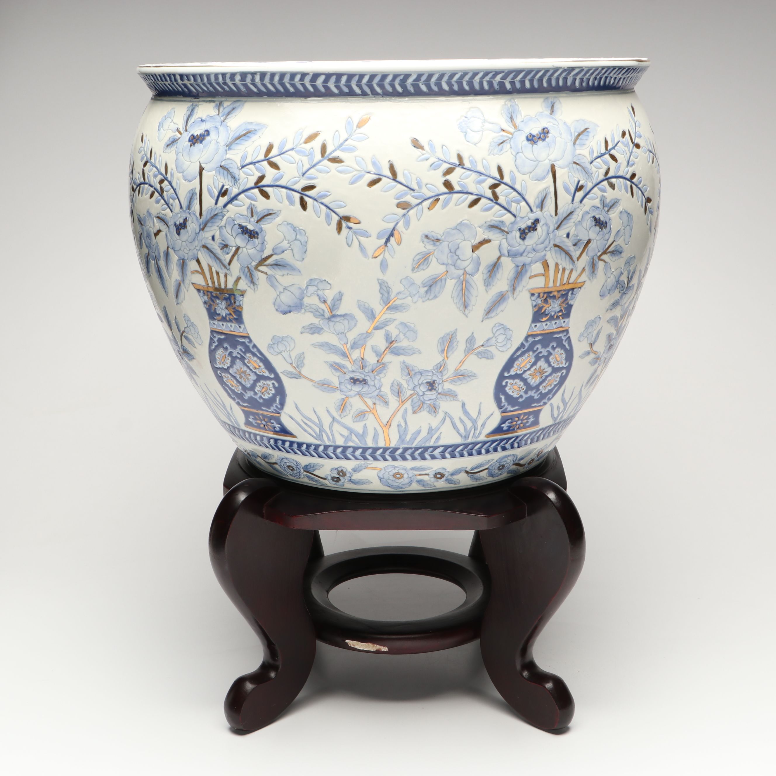 H.F.P. Macau Chinese Chinoiserie Styled Porcelain Jardinière with Wooden Stand