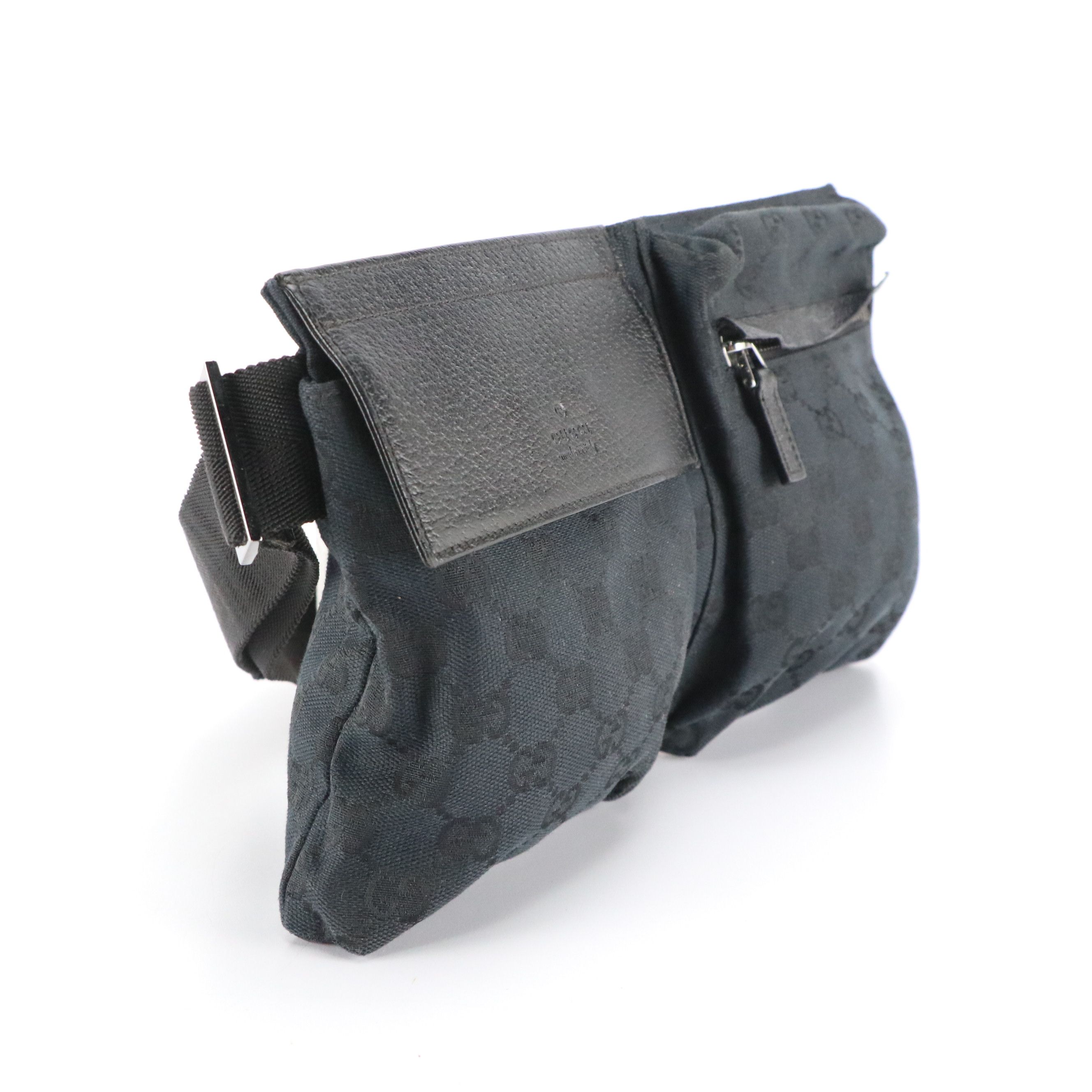 Gucci Double Pocket Belt Bag in Black GG Canvas and Leather