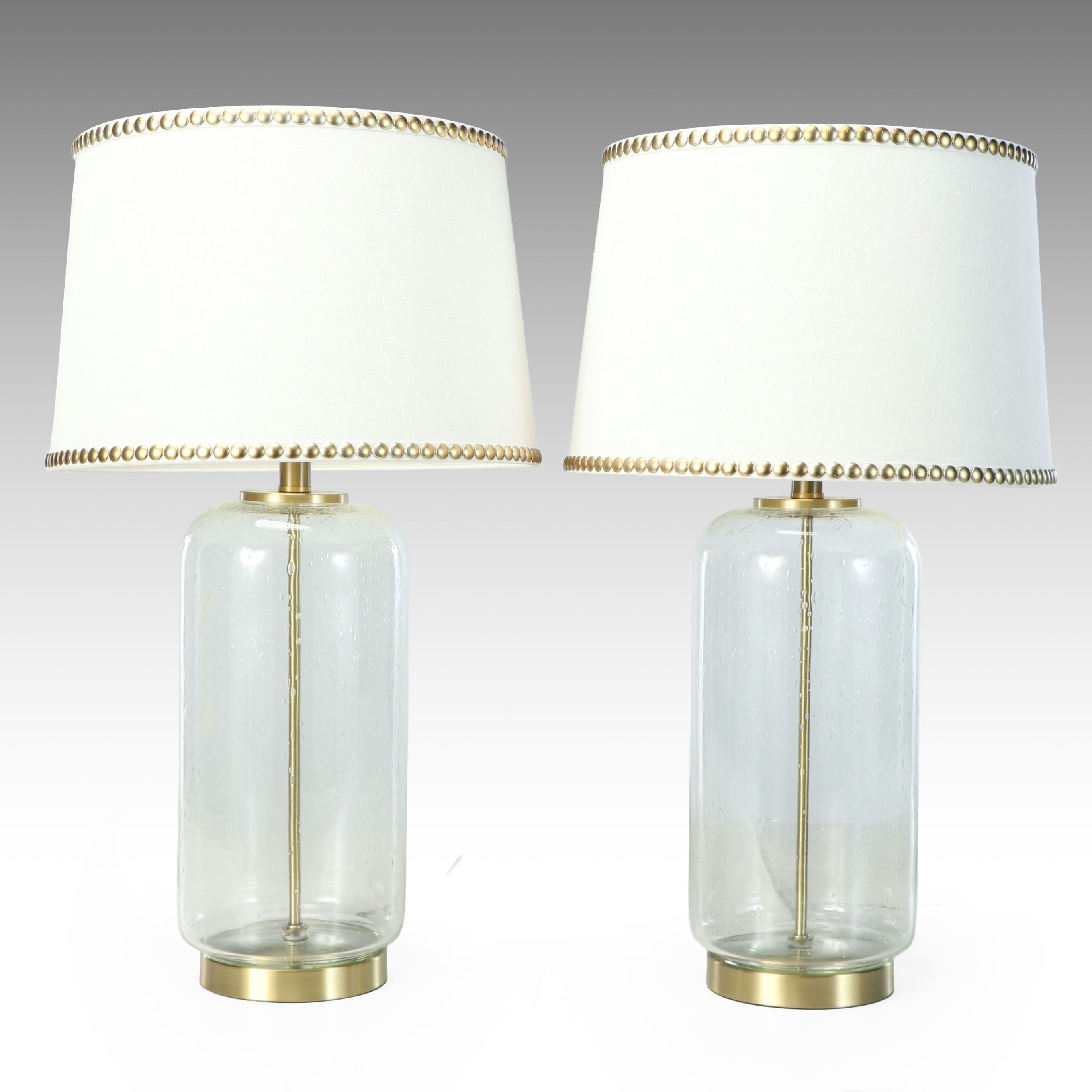 Seed Glass Cylinder Table Lamps with Nailhead Trim Drum Shades