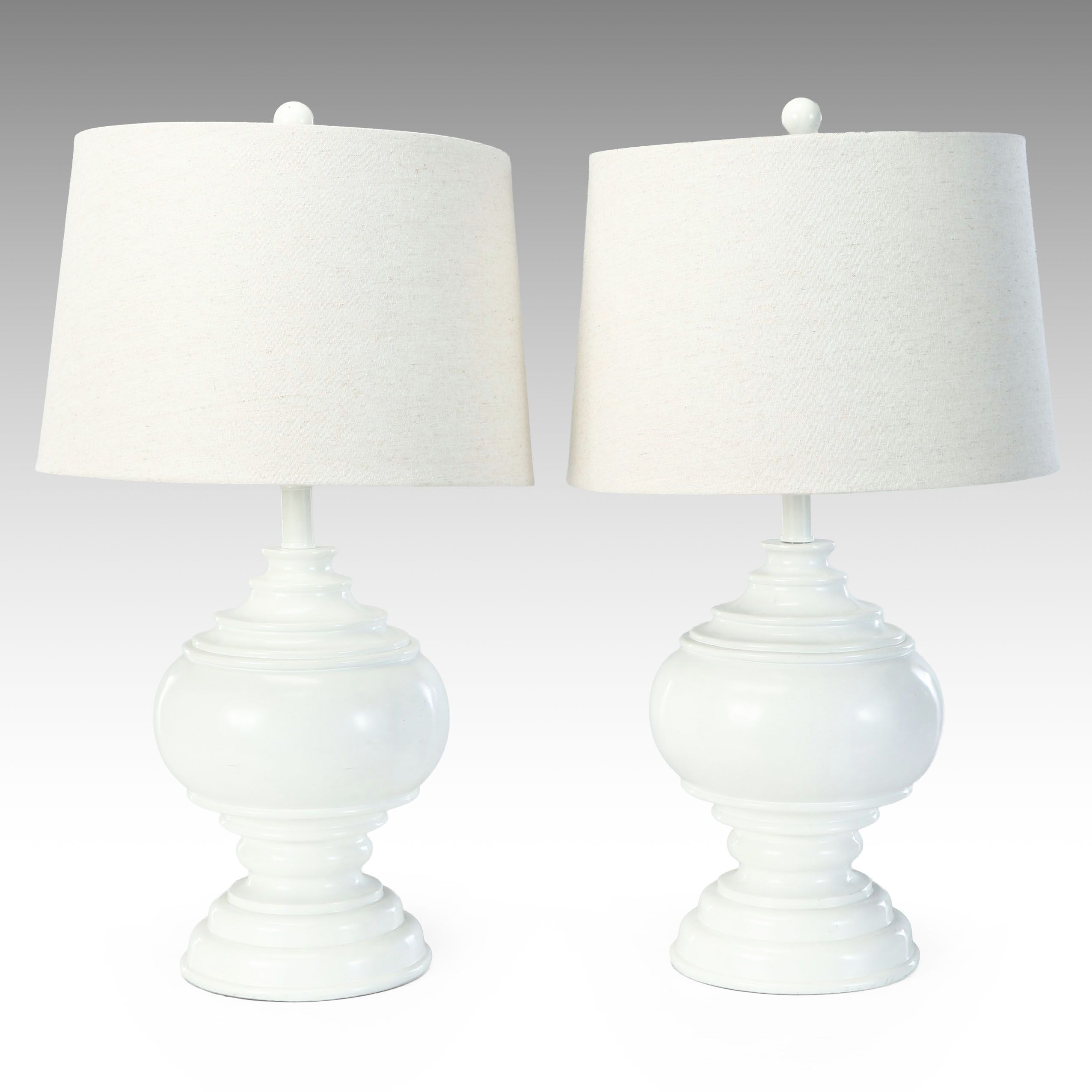 Pair of White Pedestal Baluster Table Lamps with Slubbed Cotton Shades, 2017