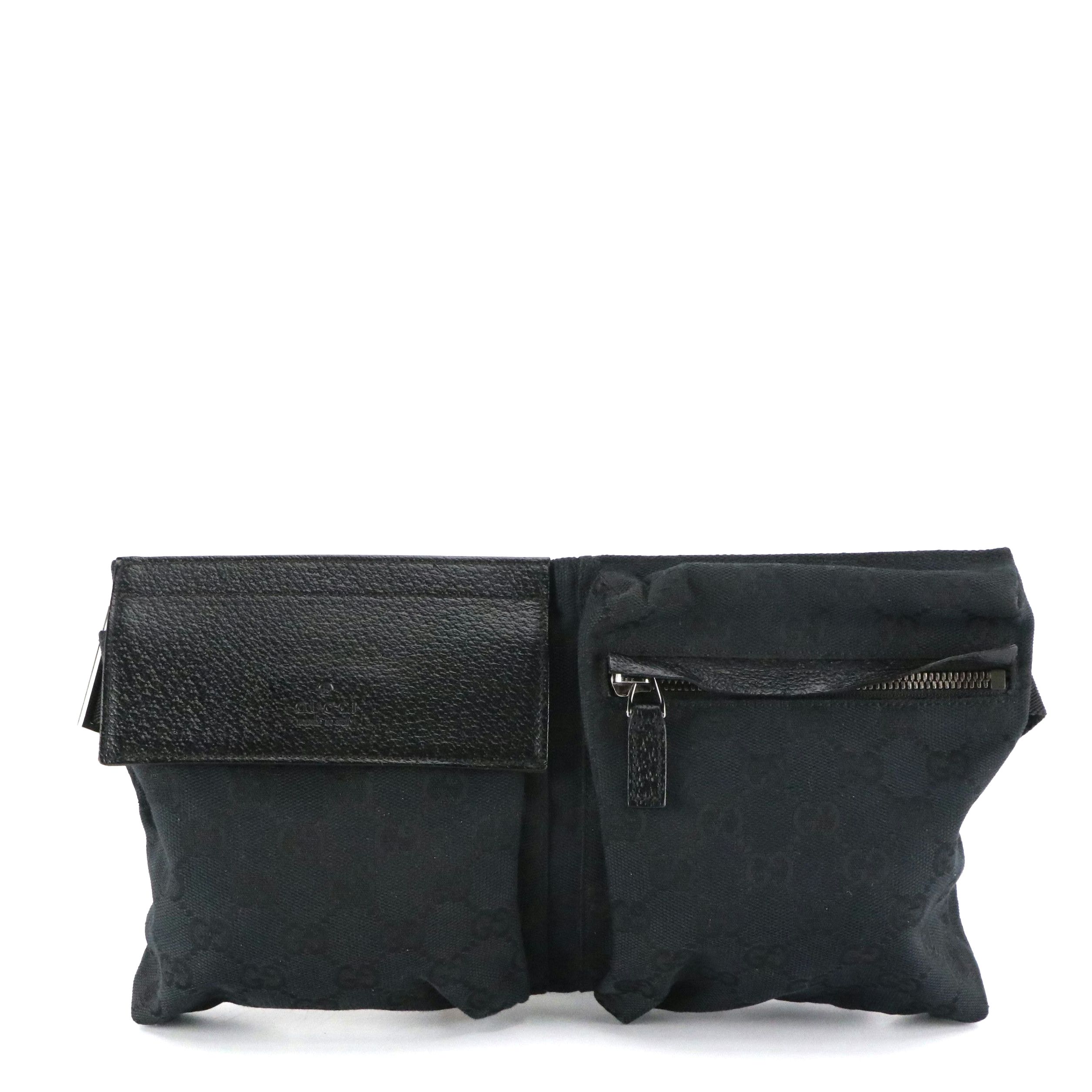 Gucci Double Pocket Belt Bag in Black GG Canvas and Leather