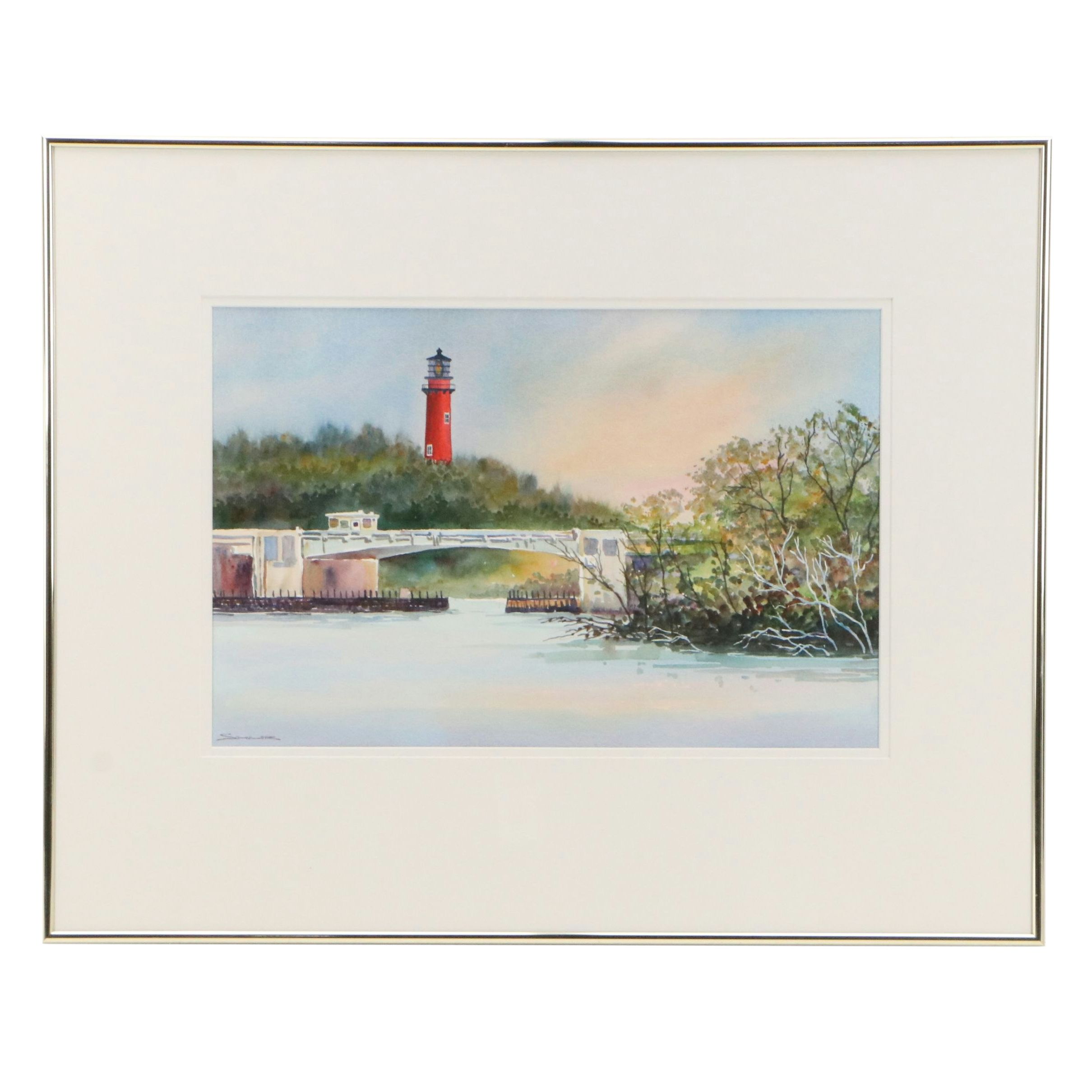 Schuler Watercolor Painting of River Landscape, Late 20th to 21st Century