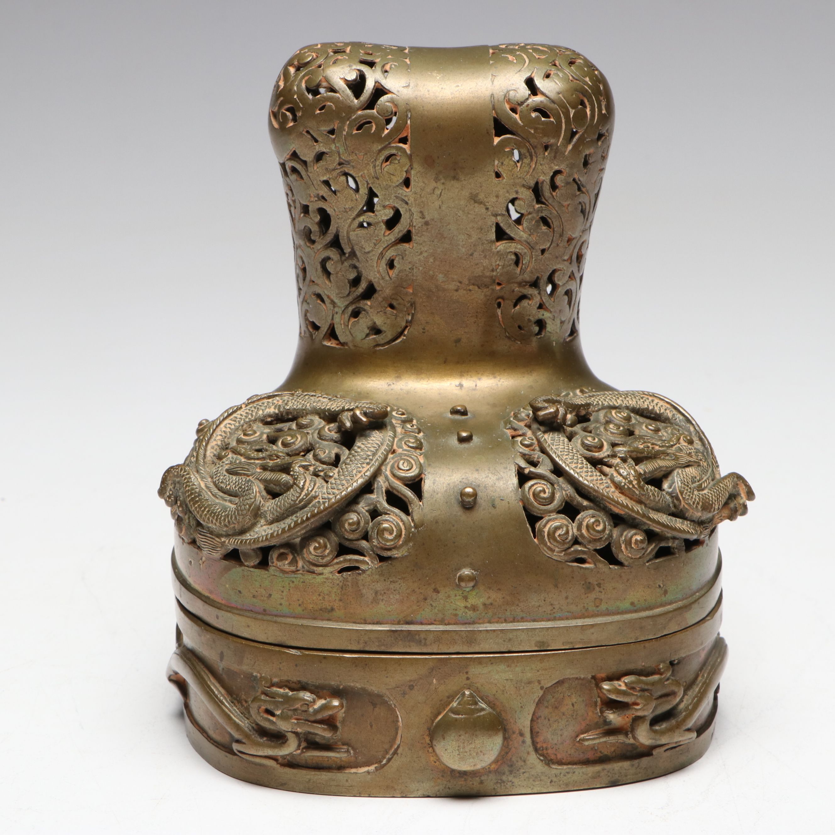 Chinese Patinated Cast Metal Openwork Censer with Dragons, 20th Century