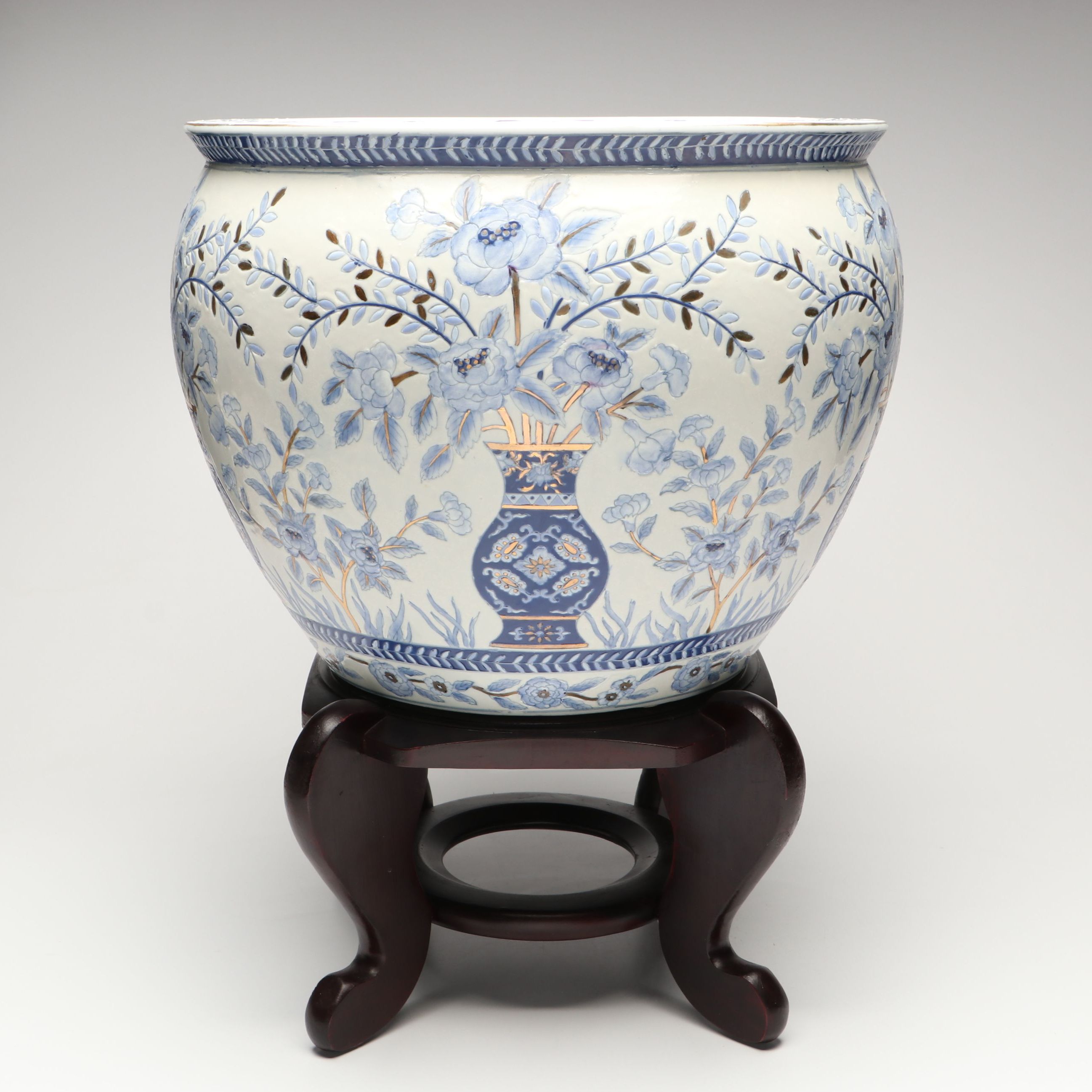 H.F.P. Macau Chinese Chinoiserie Styled Porcelain Jardinière with Wooden Stand