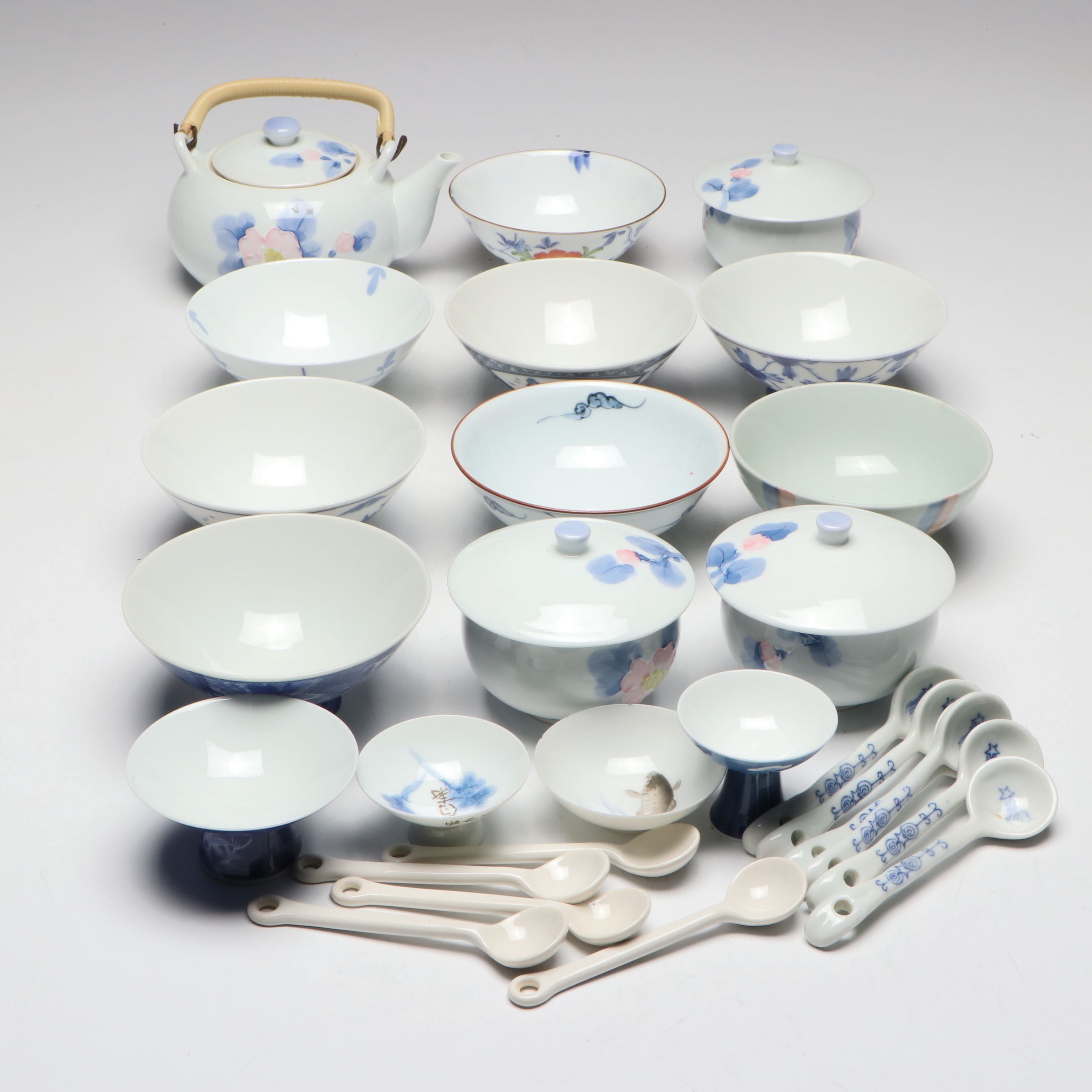 Japanese Arita Ware and Other Porcelain Teapot, Rice Bowls, Spoons and Cups