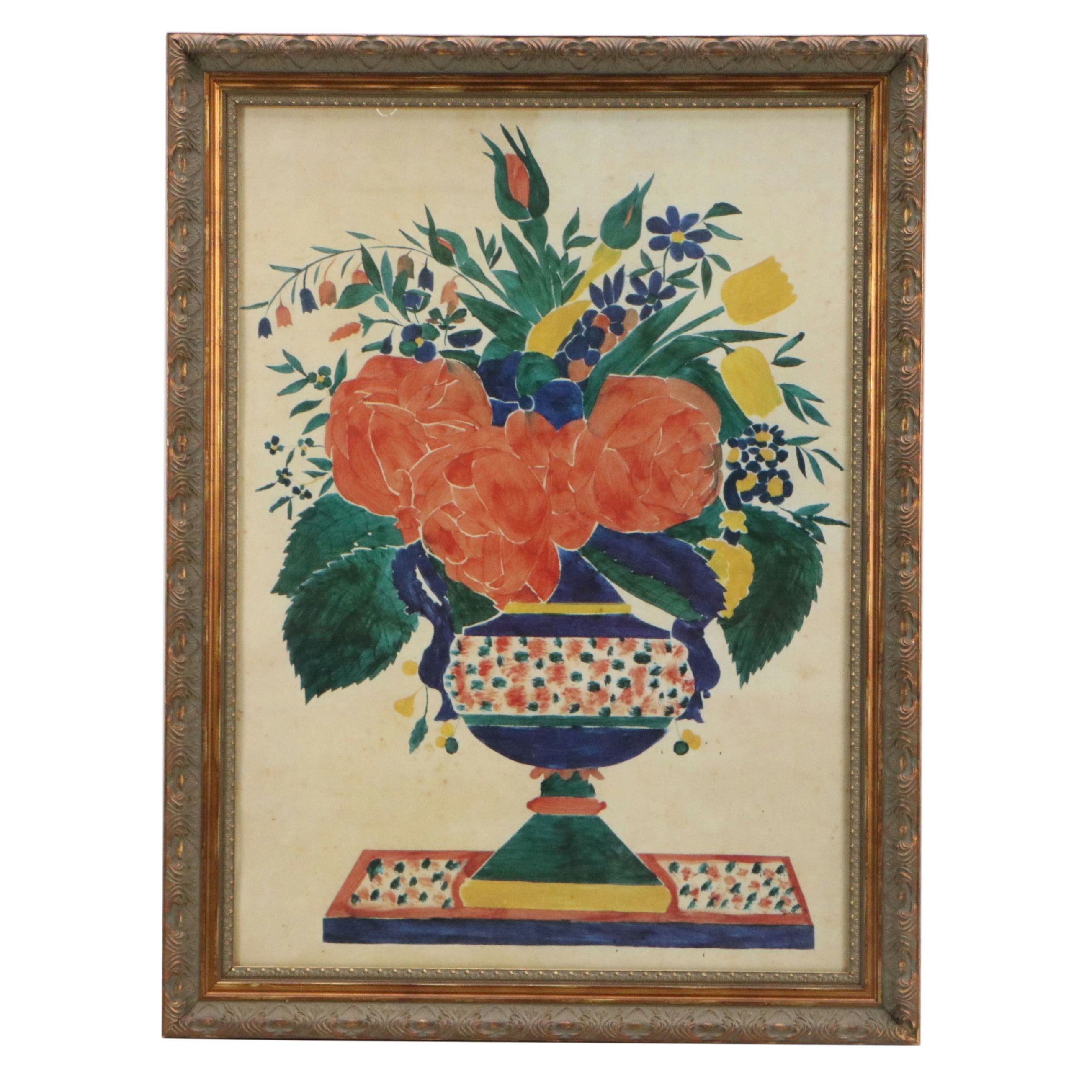 Offset Lithograph of Stylized Floral Arrangement in Vase, 20th Century