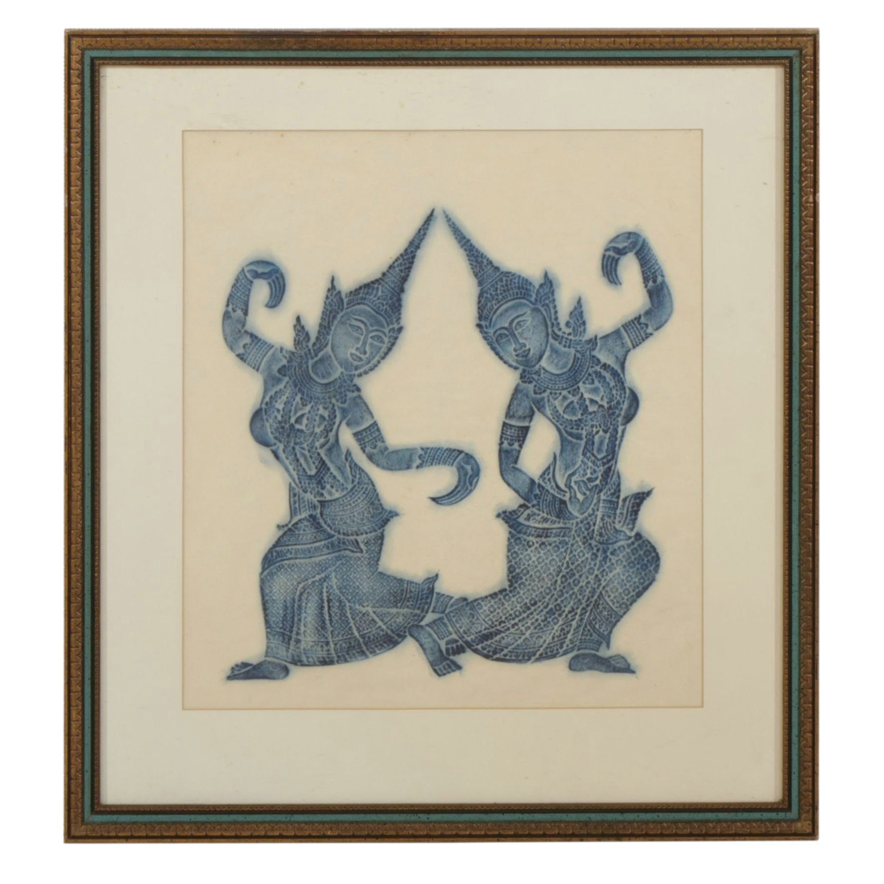 Thai Temple Indigo Charcoal Rubbing of Dancing Deity Figures on Rice Paper