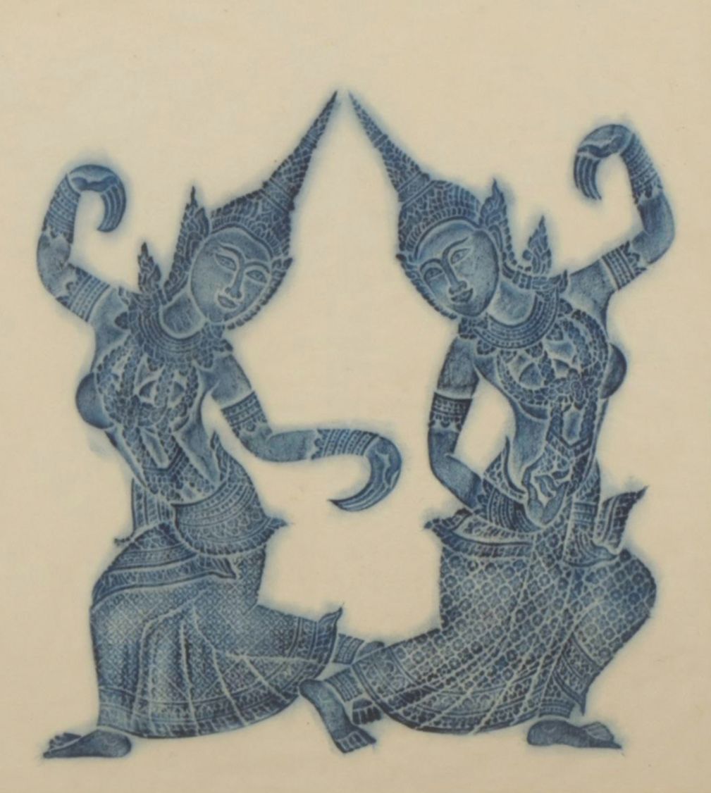 Thai Temple Indigo Charcoal Rubbing of Dancing Deity Figures on Rice Paper