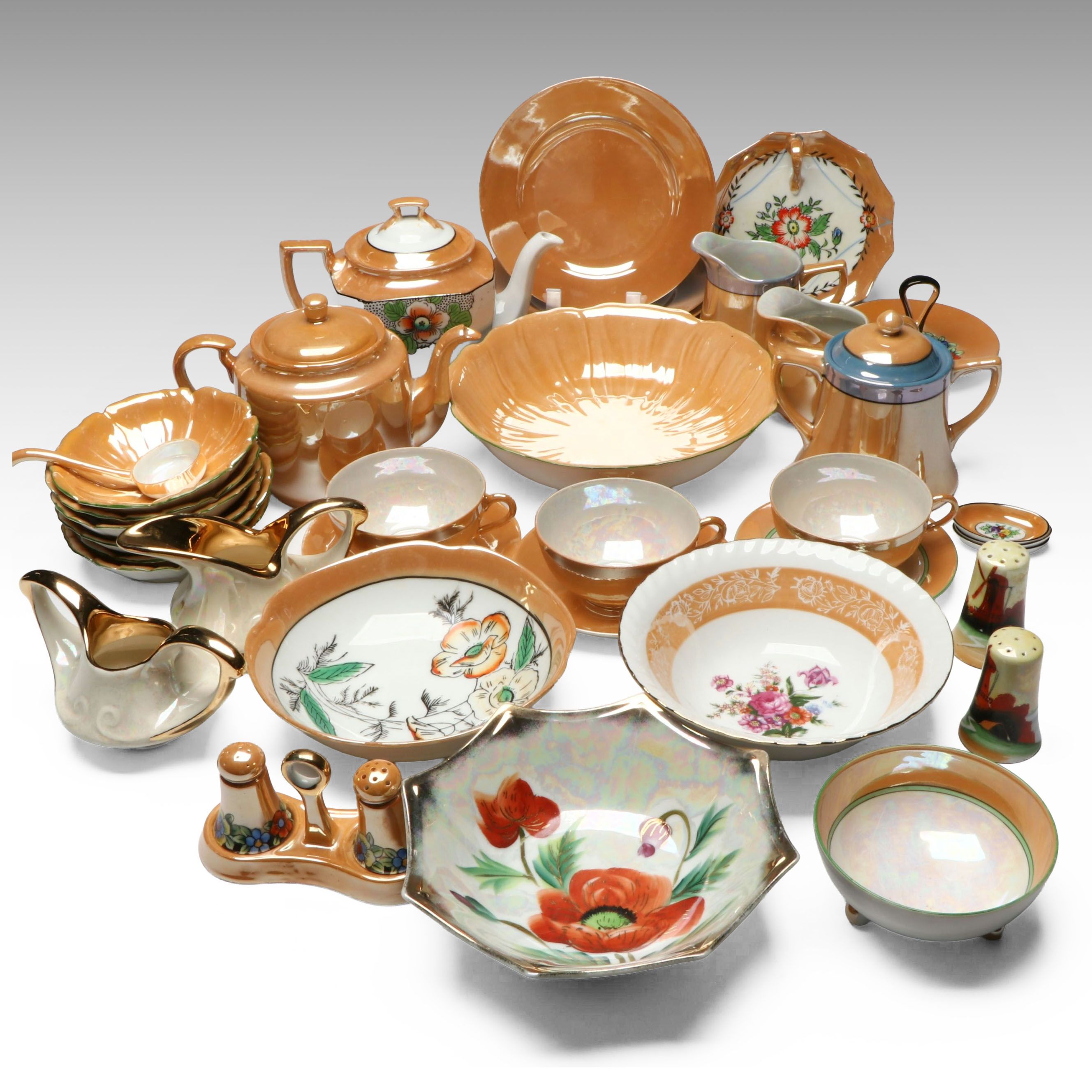 Adolf Laufer and Other Japanese Porcelain Luster Dinnerware and Serving Pieces