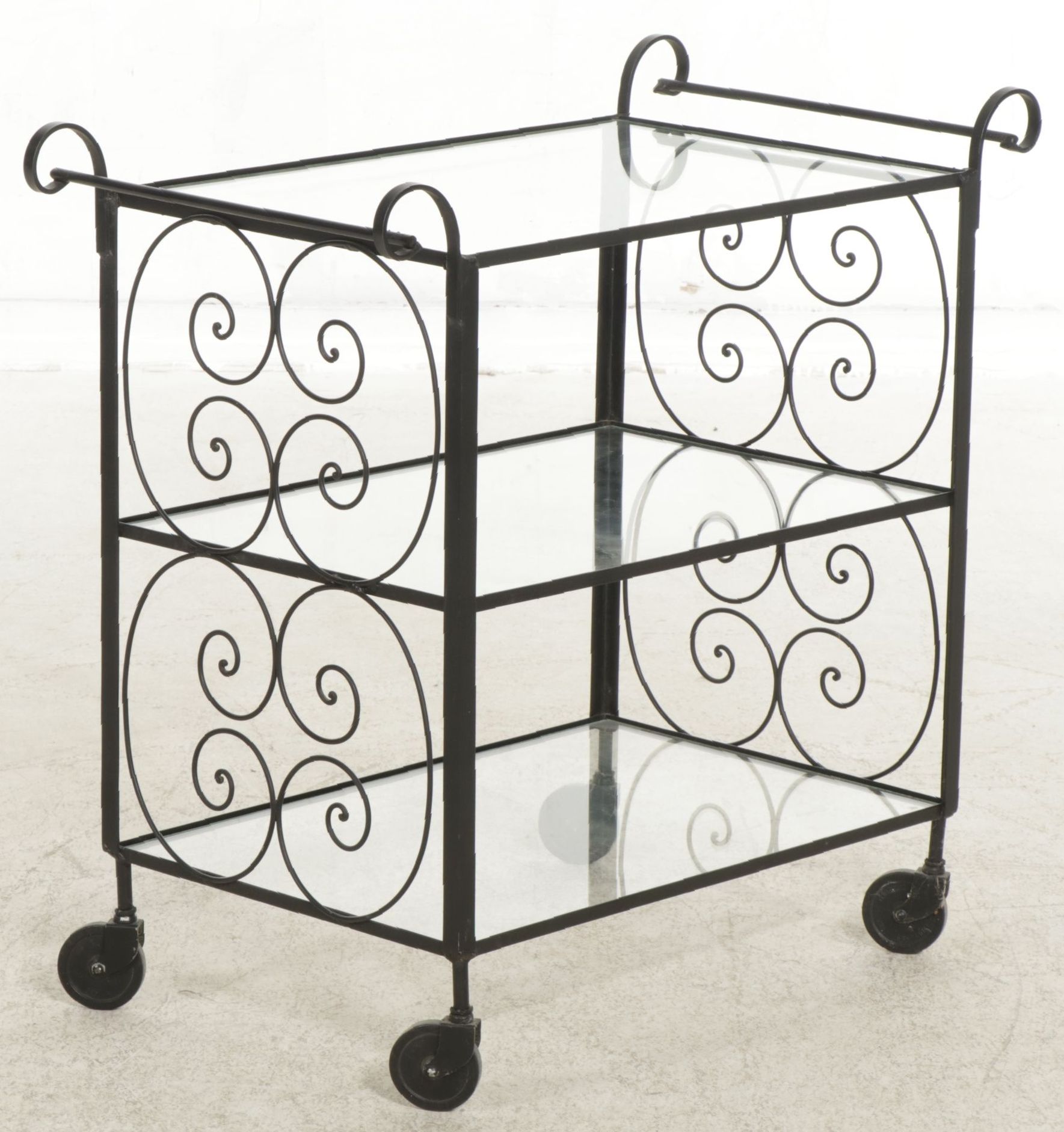 Scrolled Wrought Iron and Glass Three-Tier Bar Cart