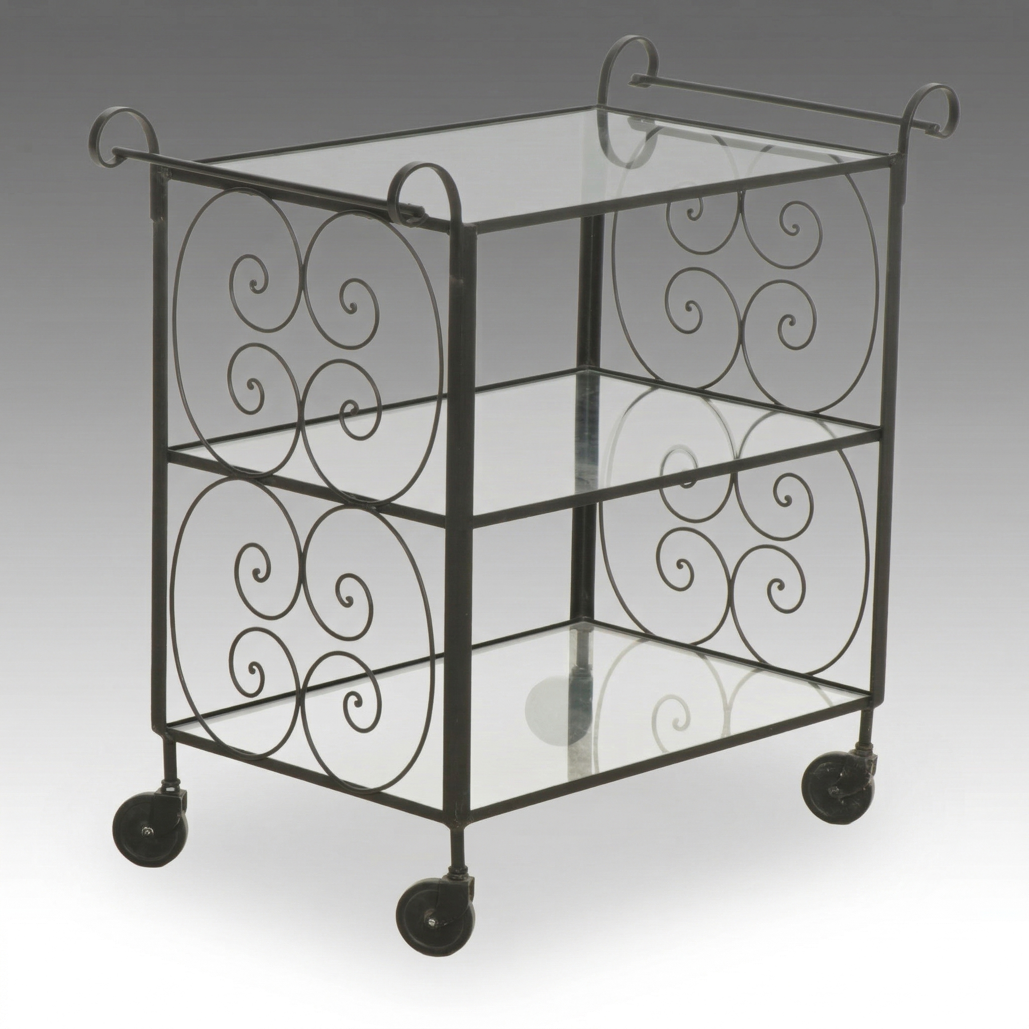 Scrolled Wrought Iron and Glass Three-Tier Bar Cart