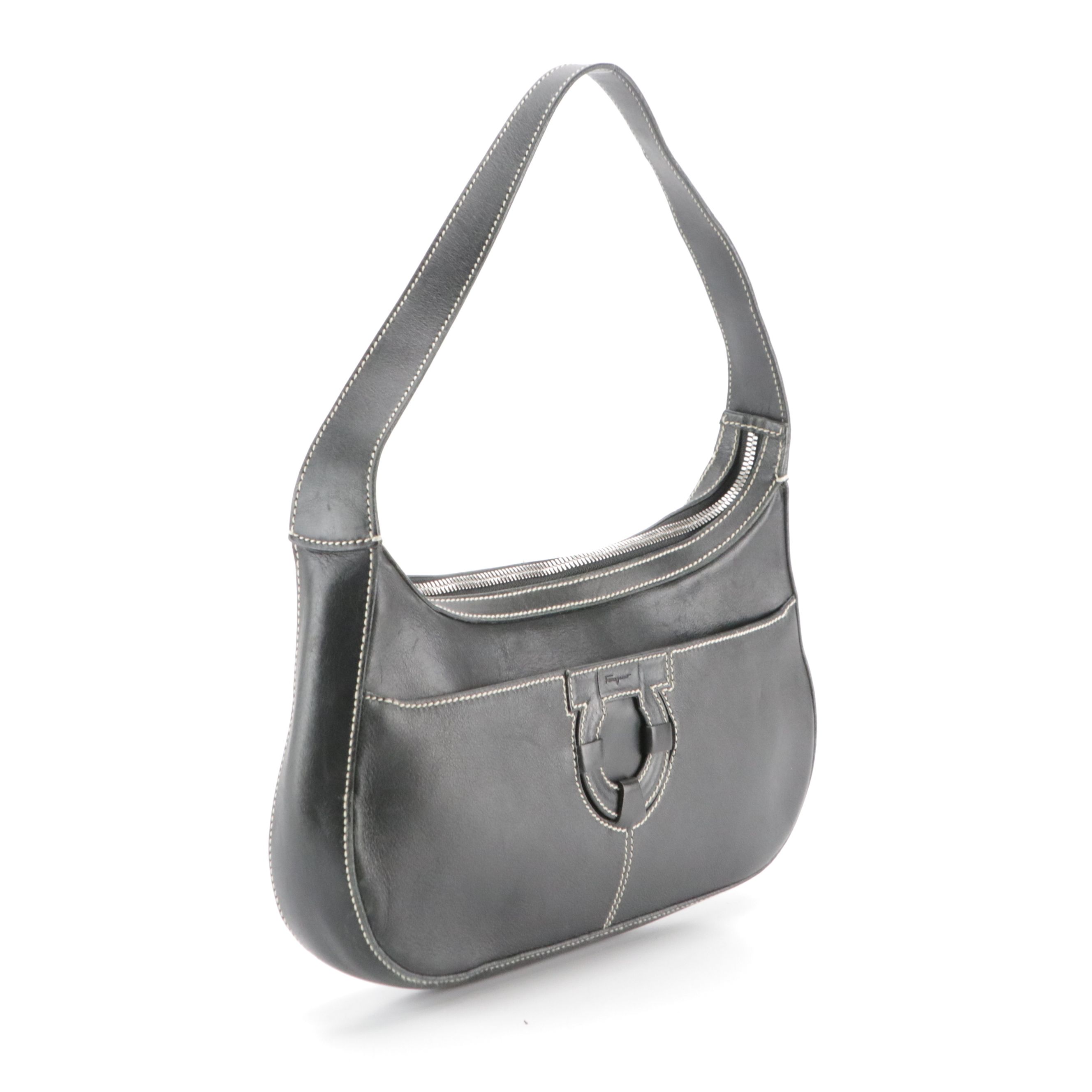 Salvatore Ferragamo Contrast Stitched Gancini Shoulder Bag in Black Calfskin