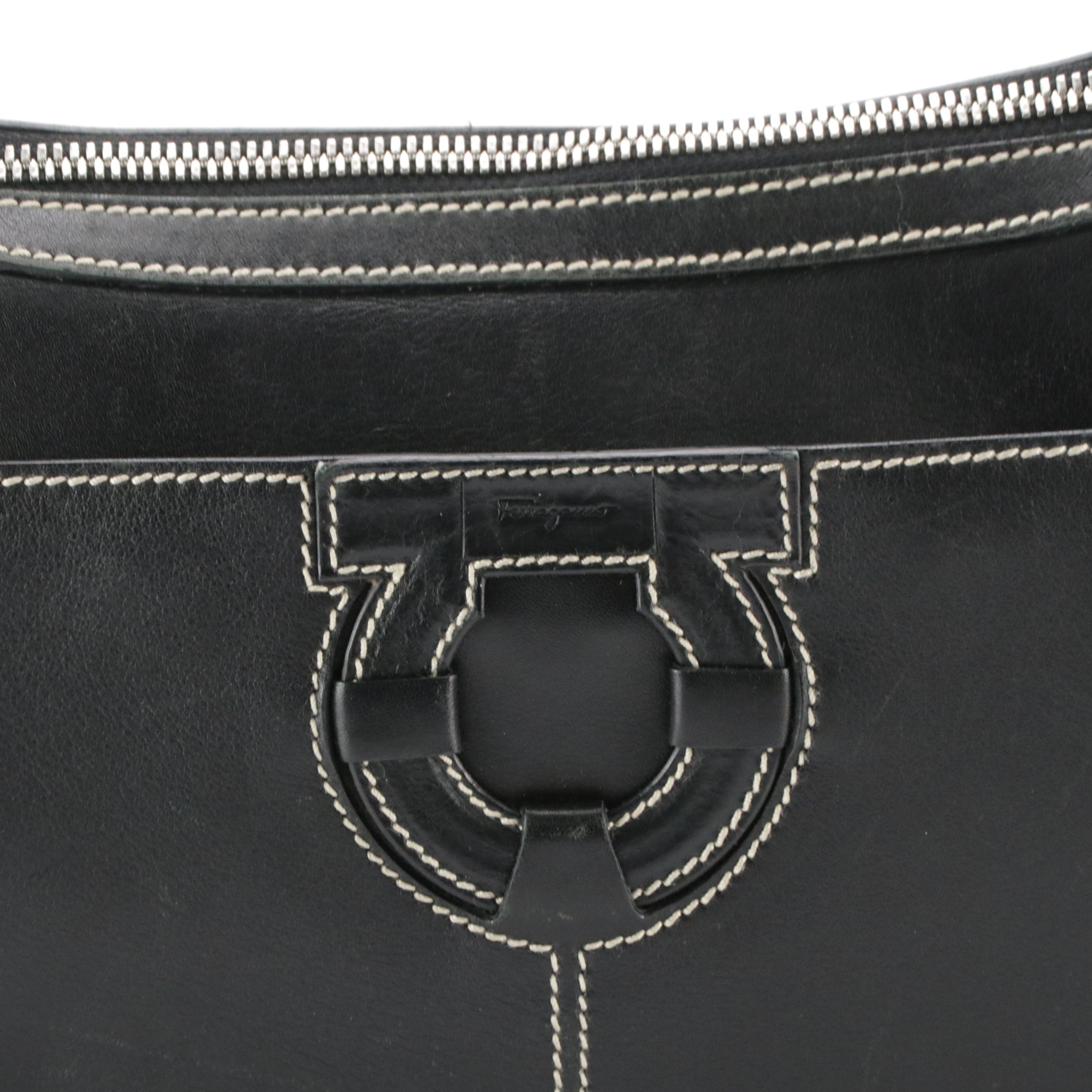 Salvatore Ferragamo Contrast Stitched Gancini Shoulder Bag in Black Calfskin
