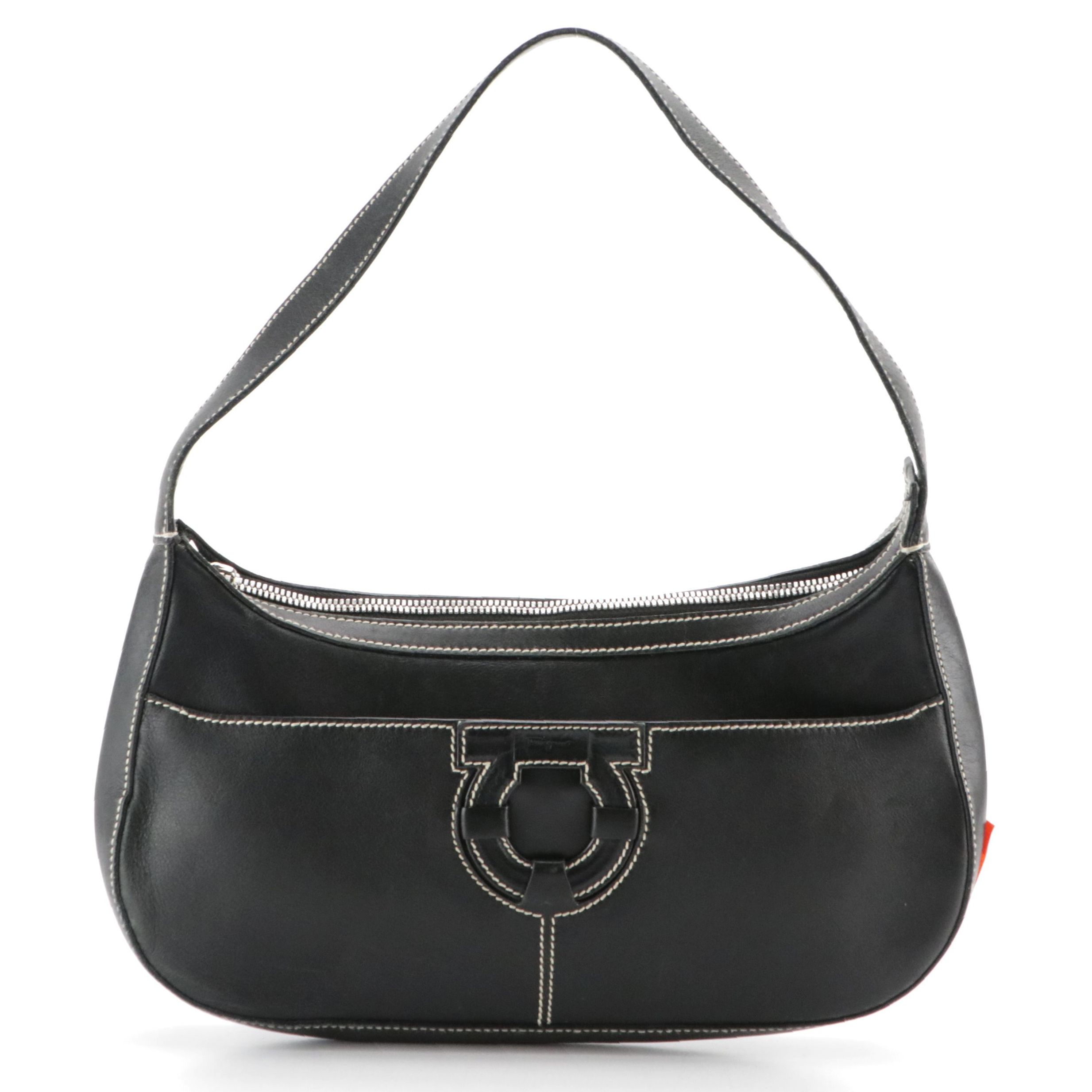 Salvatore Ferragamo Contrast Stitched Gancini Shoulder Bag in Black Calfskin