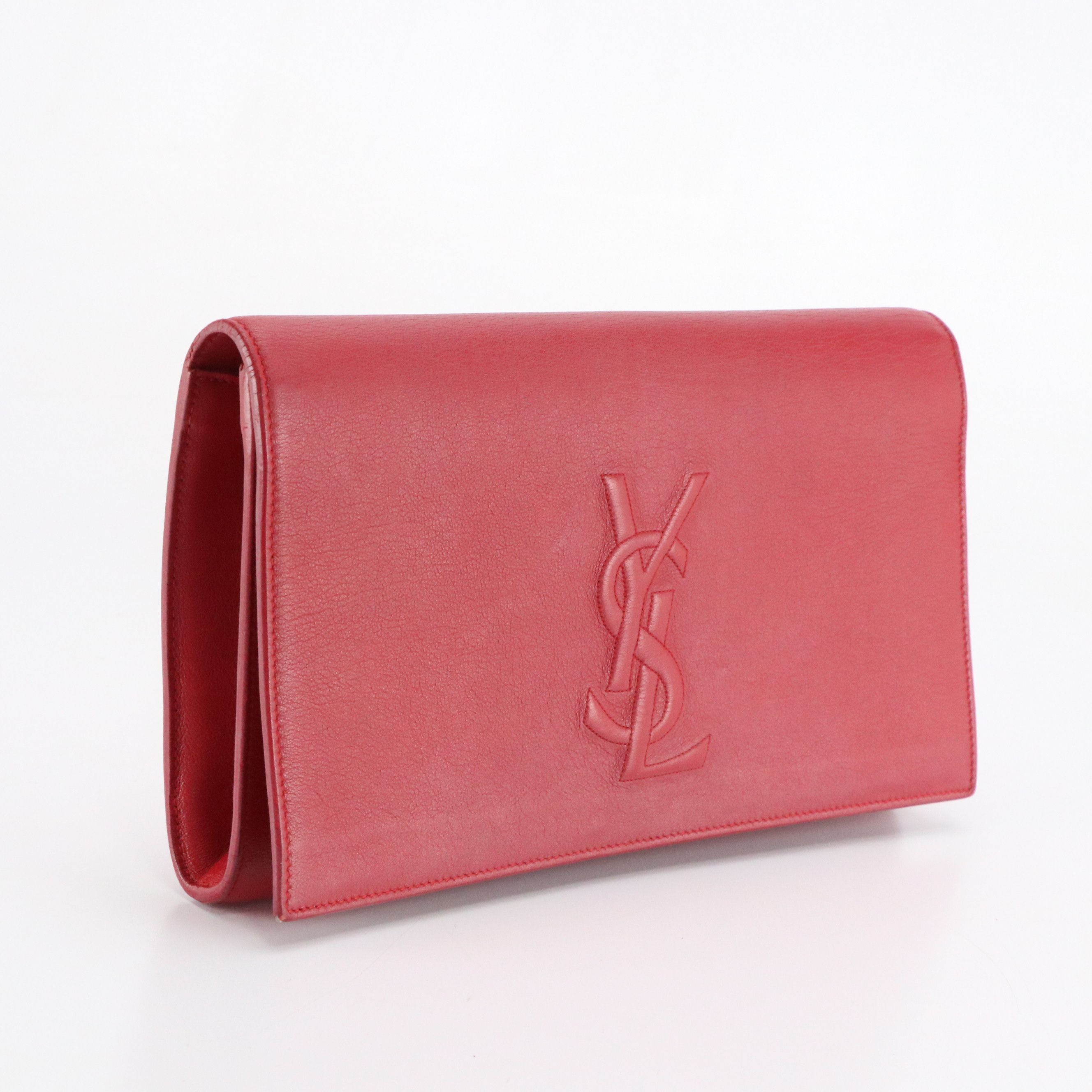 Yves Saint Laurent Logo Stitched Flap Clutch in Red Grained Calfskin Leather