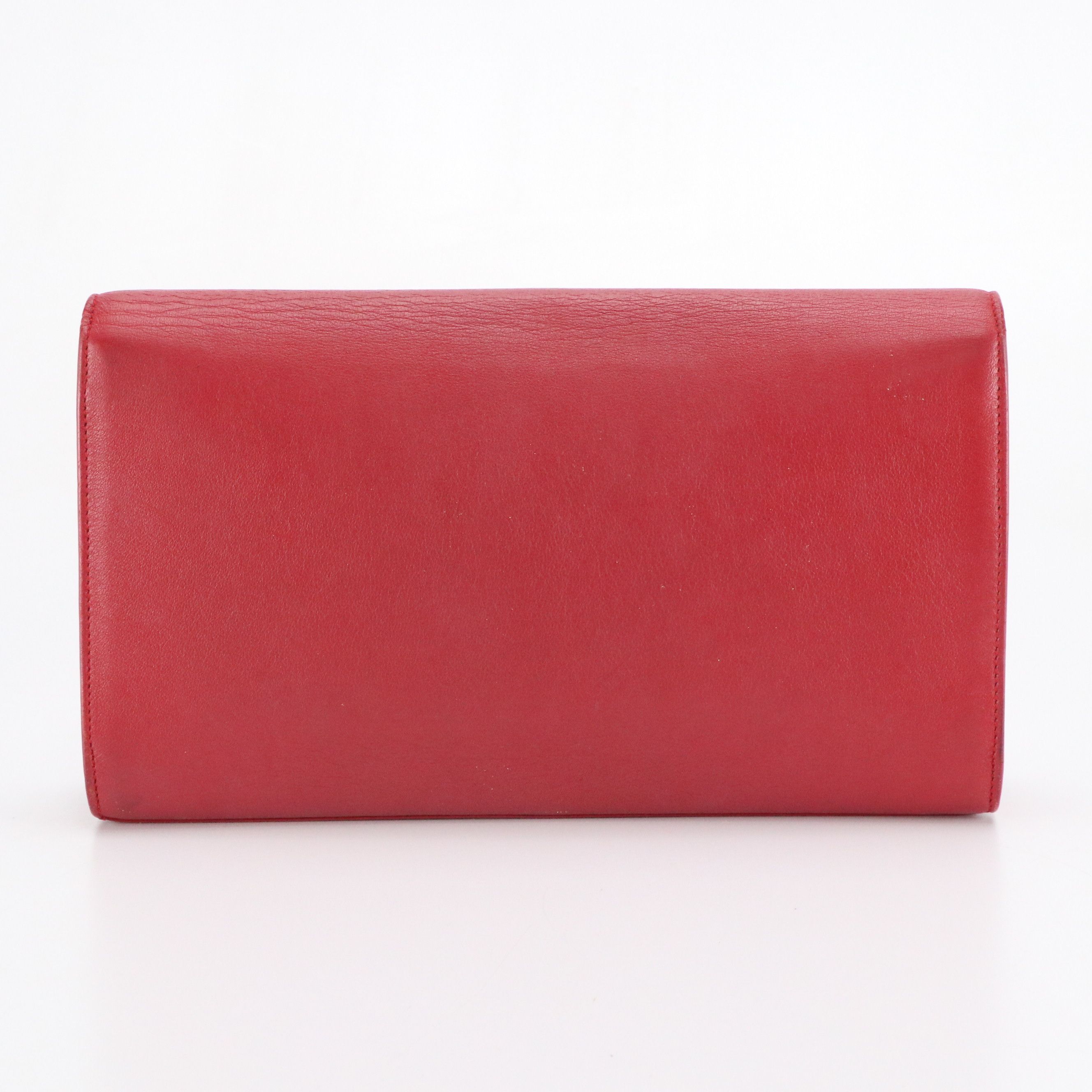Yves Saint Laurent Logo Stitched Flap Clutch in Red Grained Calfskin Leather