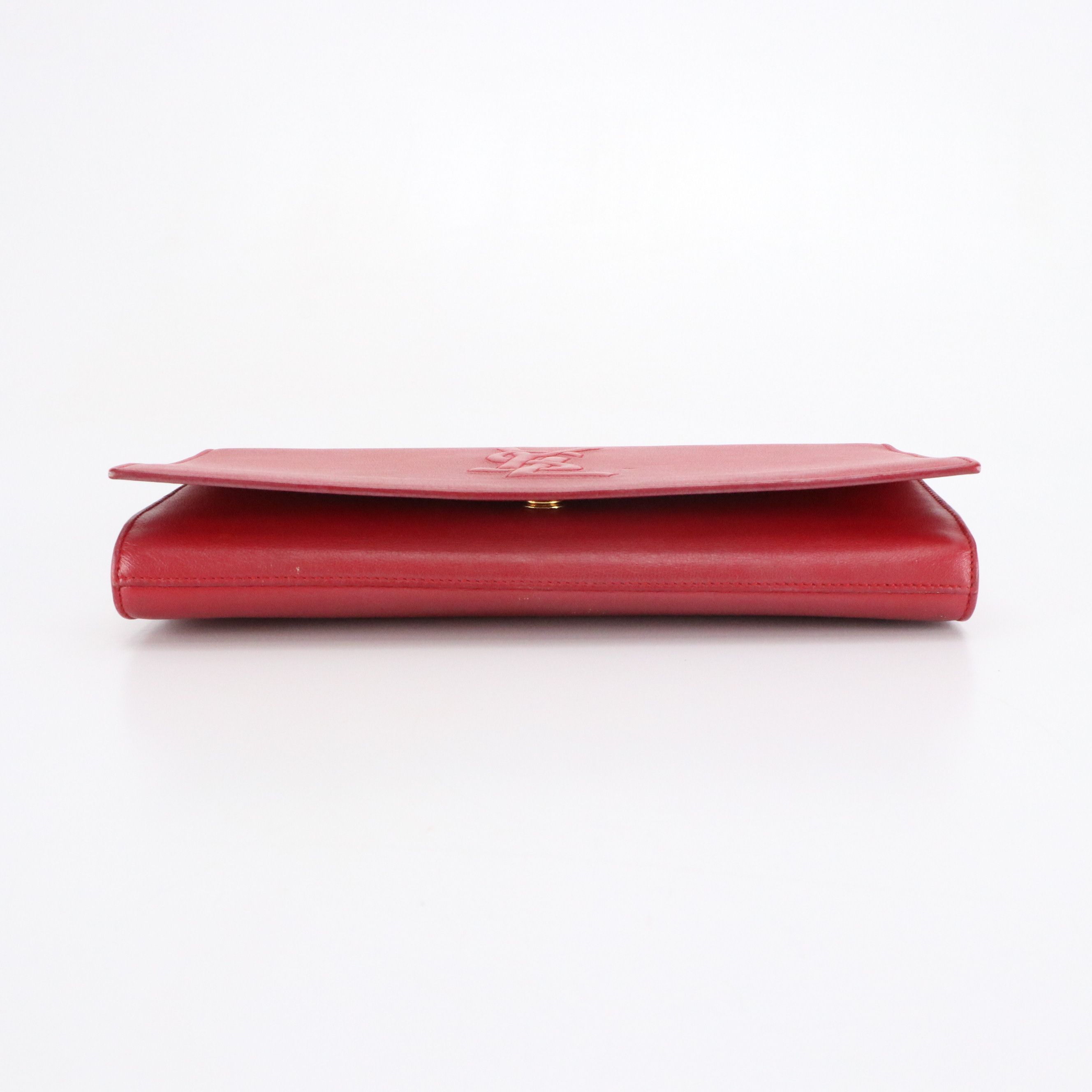 Yves Saint Laurent Logo Stitched Flap Clutch in Red Grained Calfskin Leather