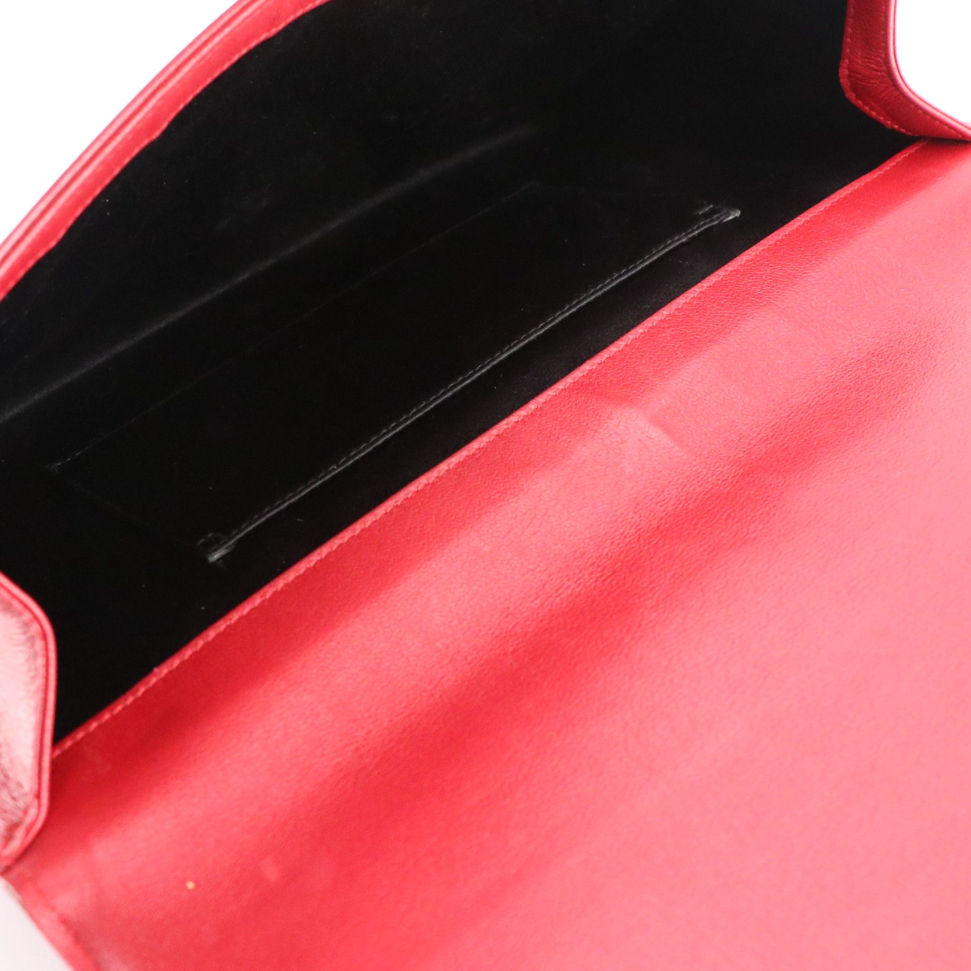 Yves Saint Laurent Logo Stitched Flap Clutch in Red Grained Calfskin Leather