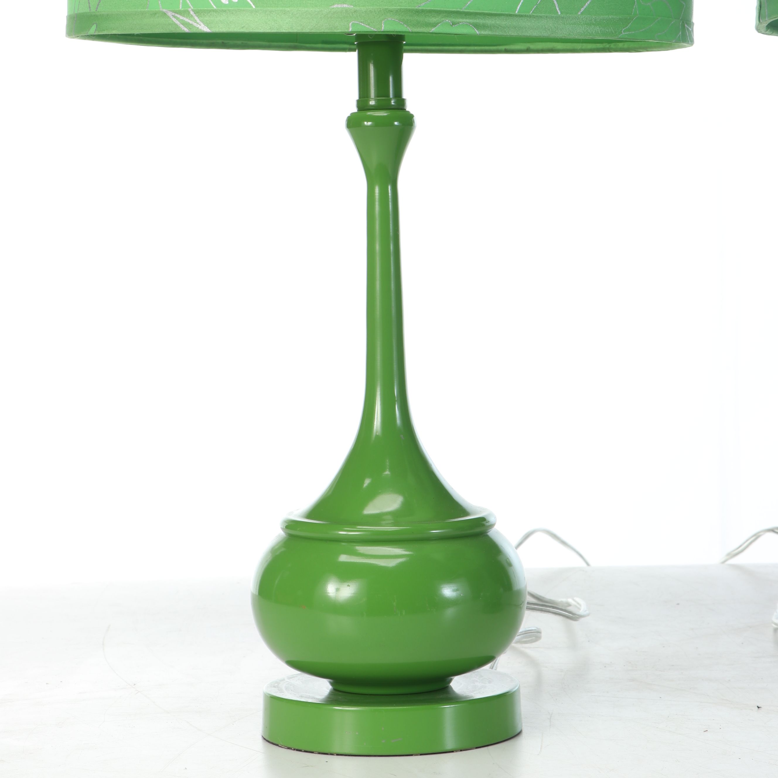 Kelly Green Metal Teardrop Bottle Table Lamps with Green Floral Silk Drum Shades