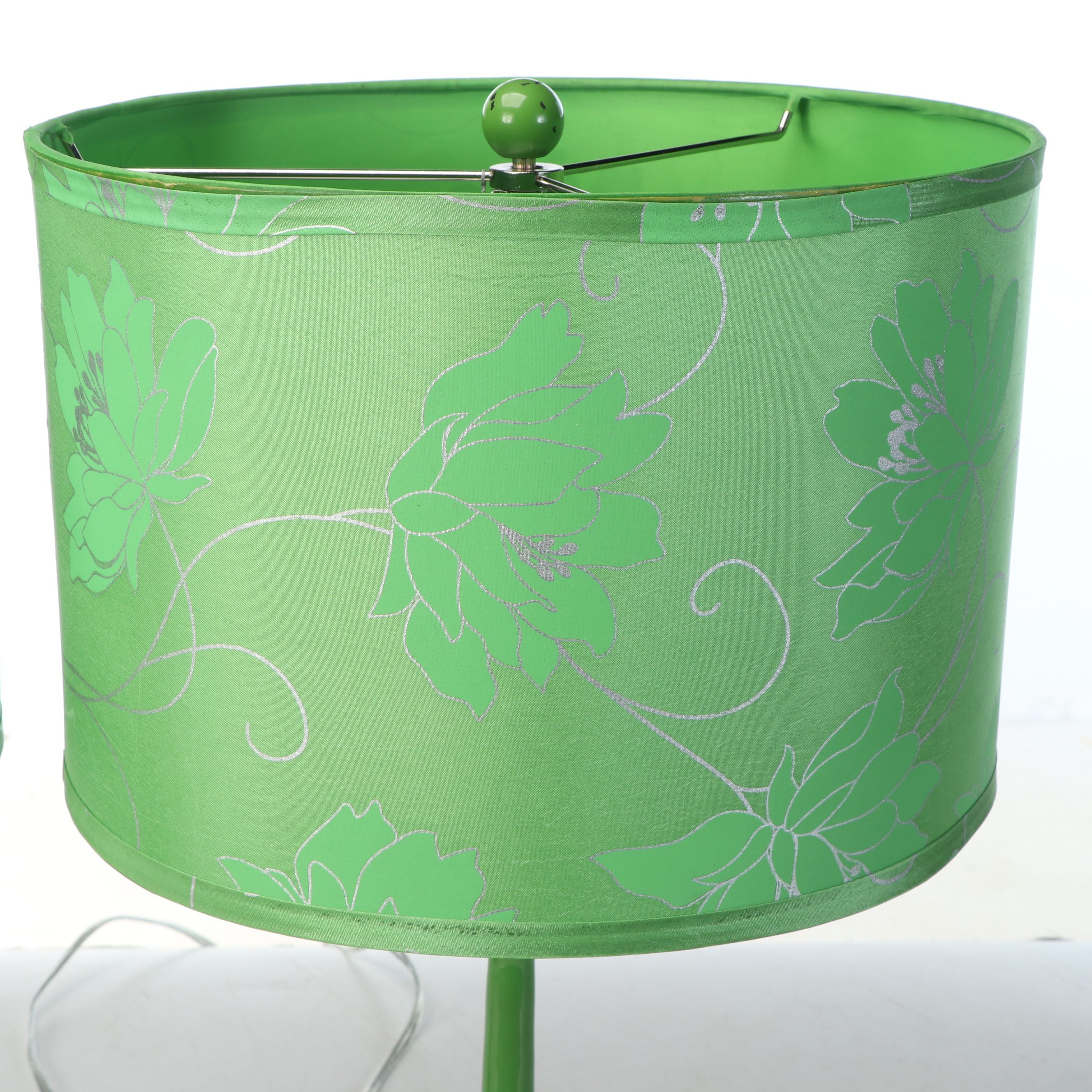 Kelly Green Metal Teardrop Bottle Table Lamps with Green Floral Silk Drum Shades