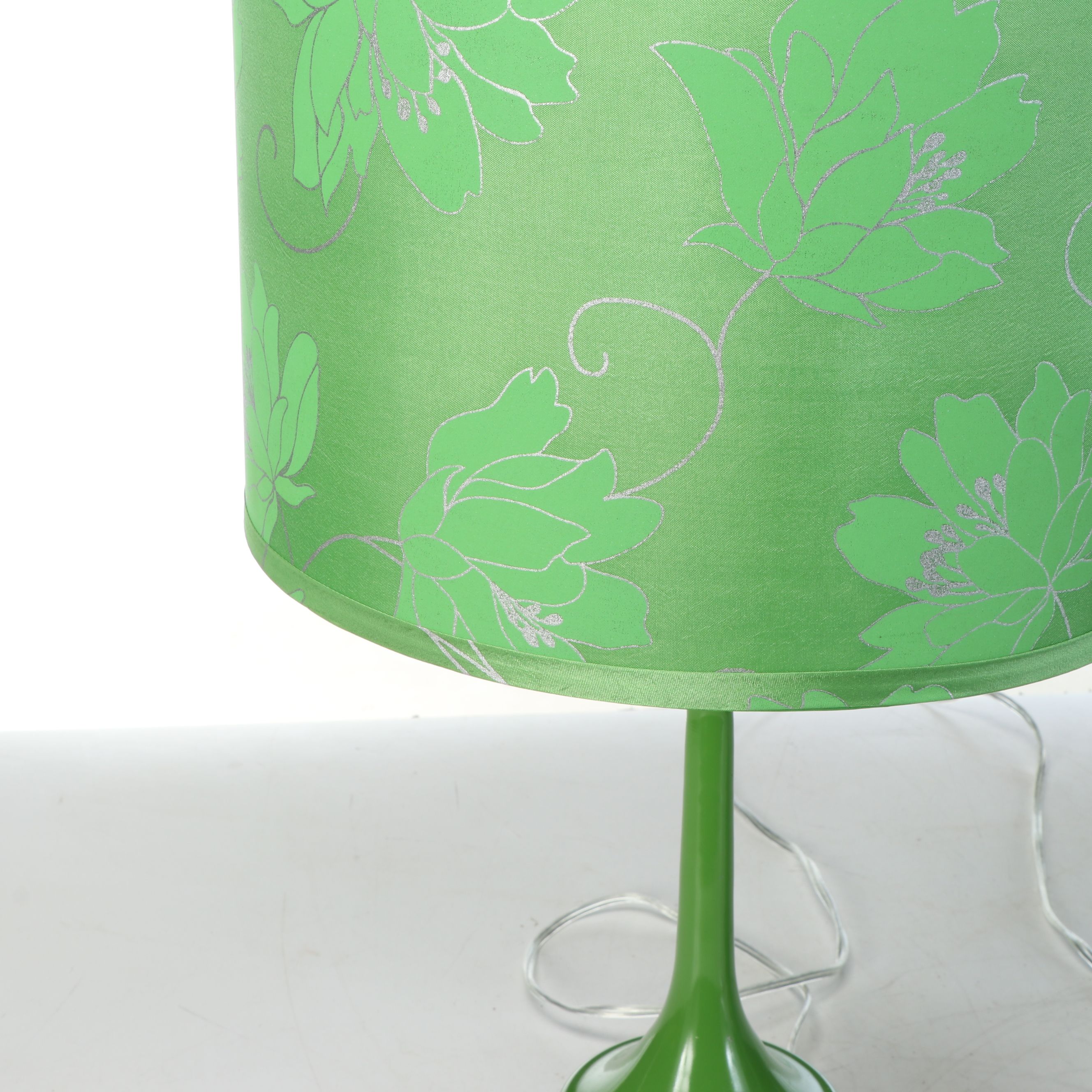 Kelly Green Metal Teardrop Bottle Table Lamps with Green Floral Silk Drum Shades