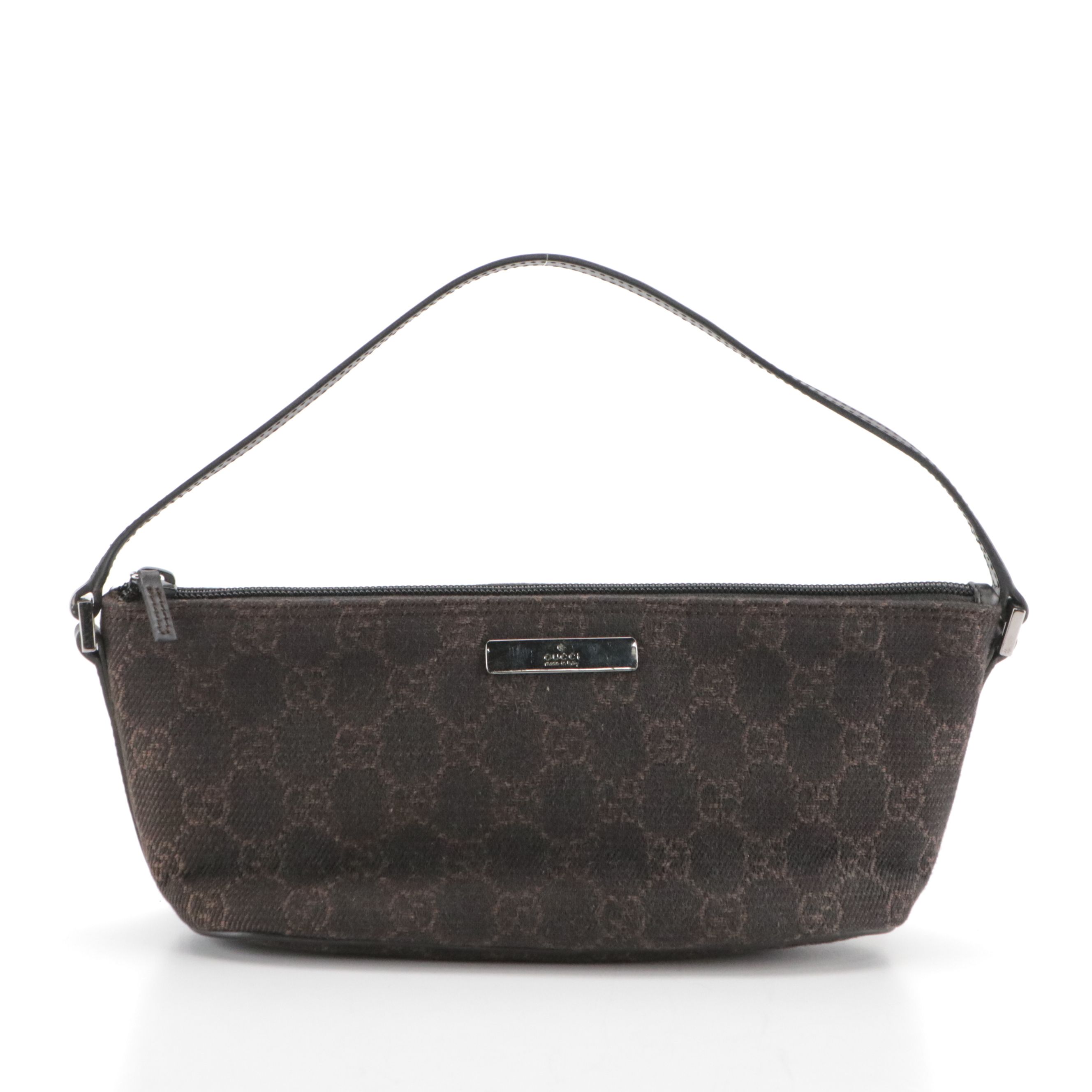 Gucci Boat Pochette Bag in Black/Dark Brown GG Canvas and Black Leather