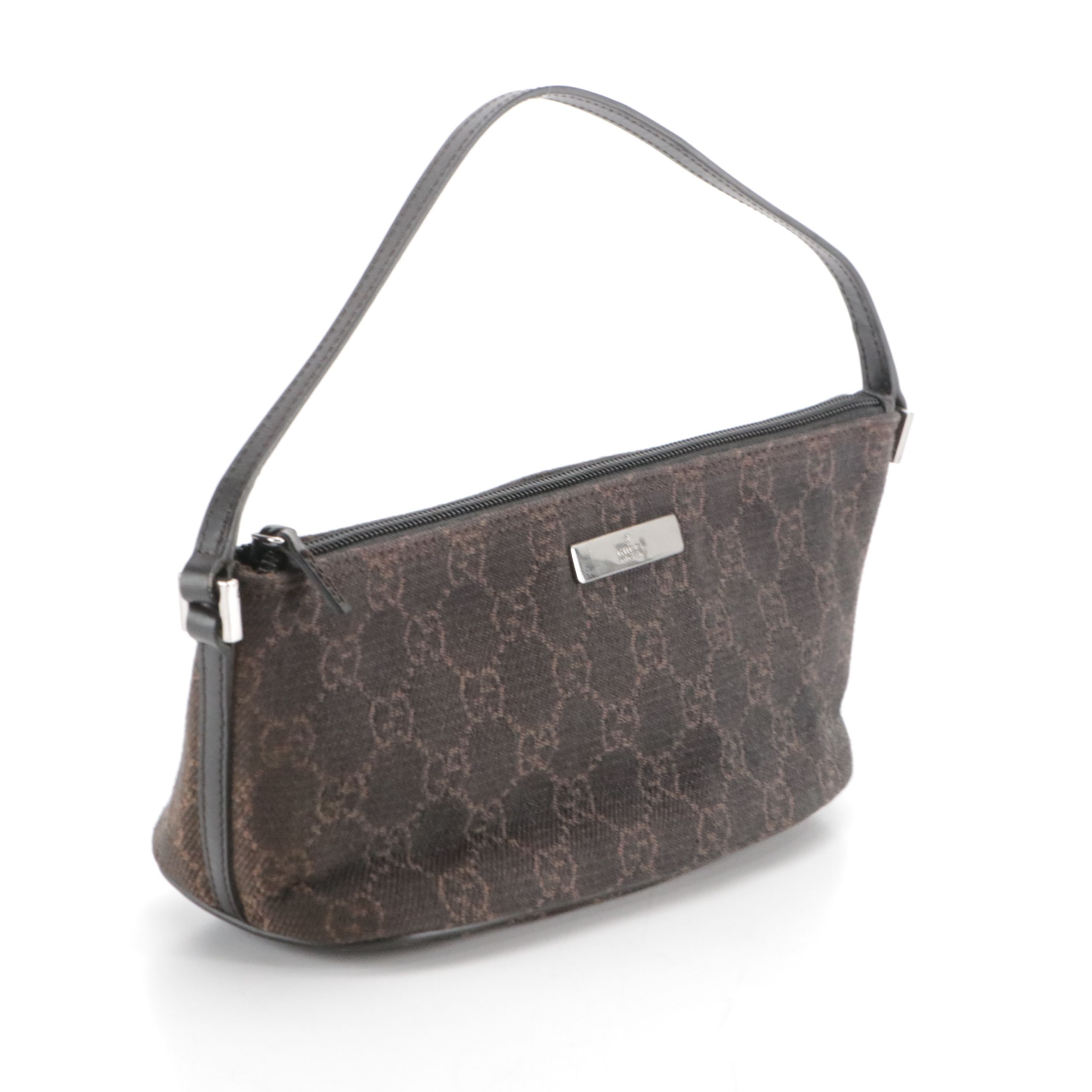 Gucci Boat Pochette Bag in Black/Dark Brown GG Canvas and Black Leather