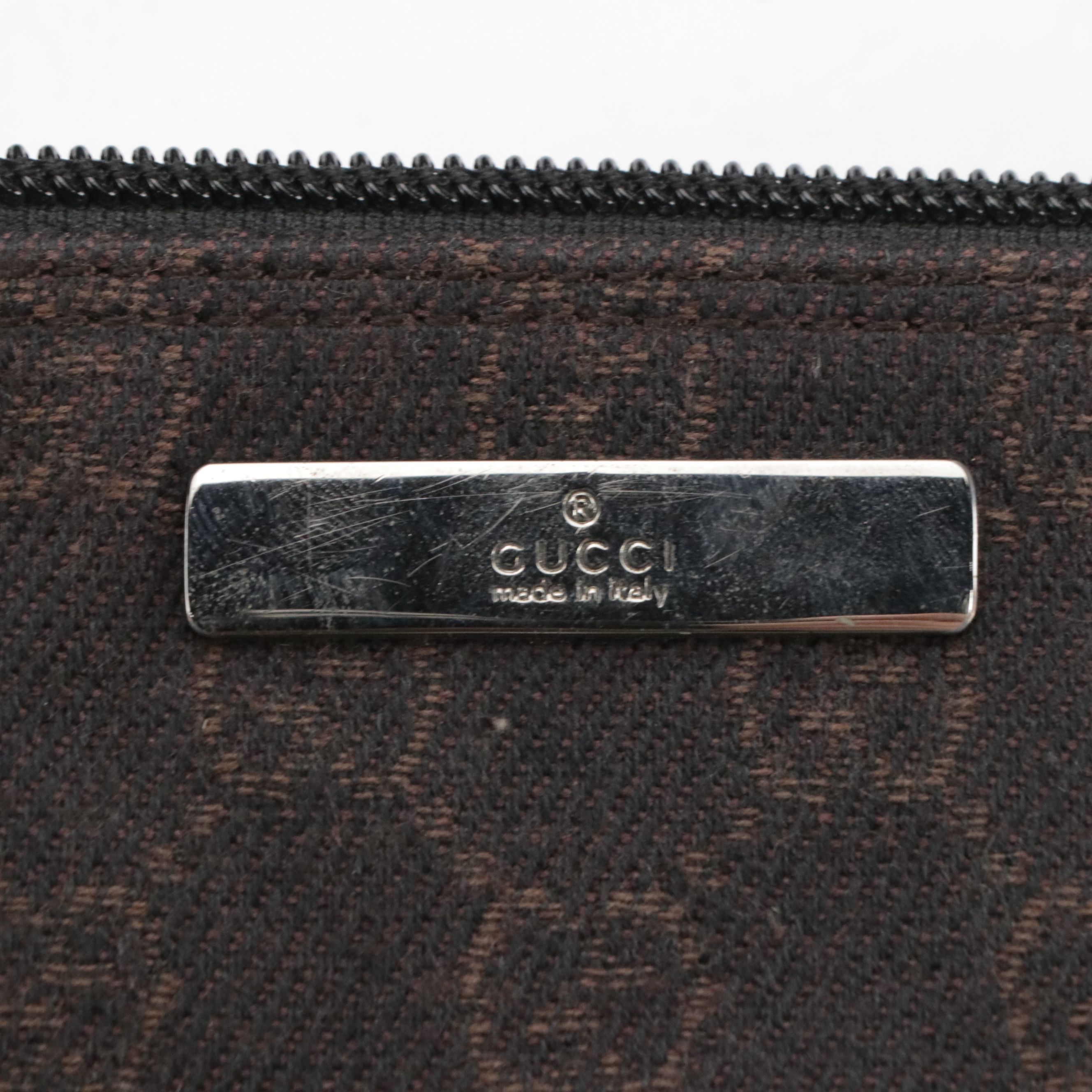 Gucci Boat Pochette Bag in Black/Dark Brown GG Canvas and Black Leather