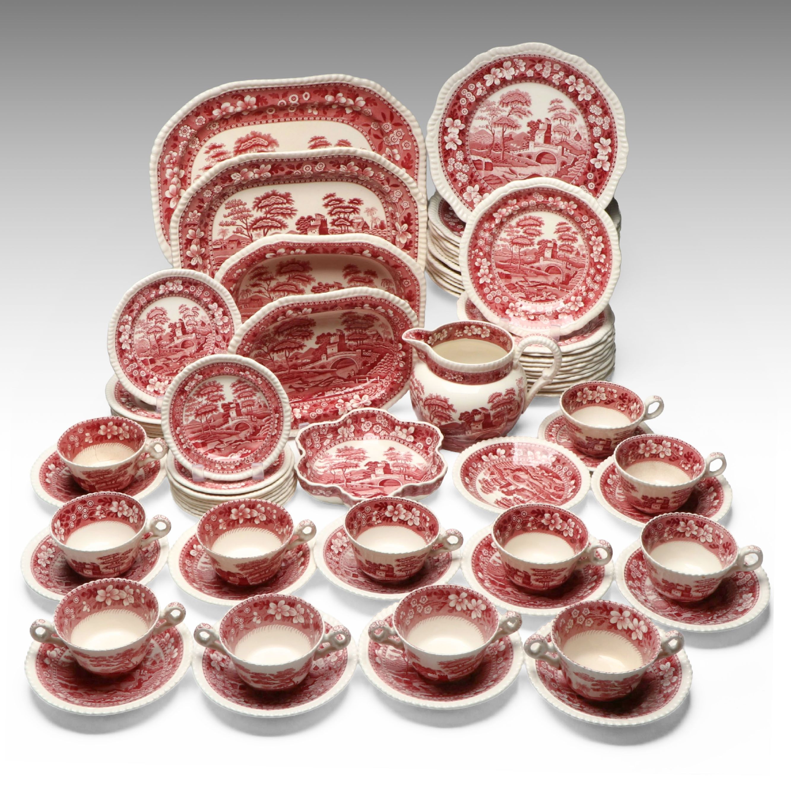 Copeland Spode "Tower" Pink Transferware Dinner Plates and More Serveware